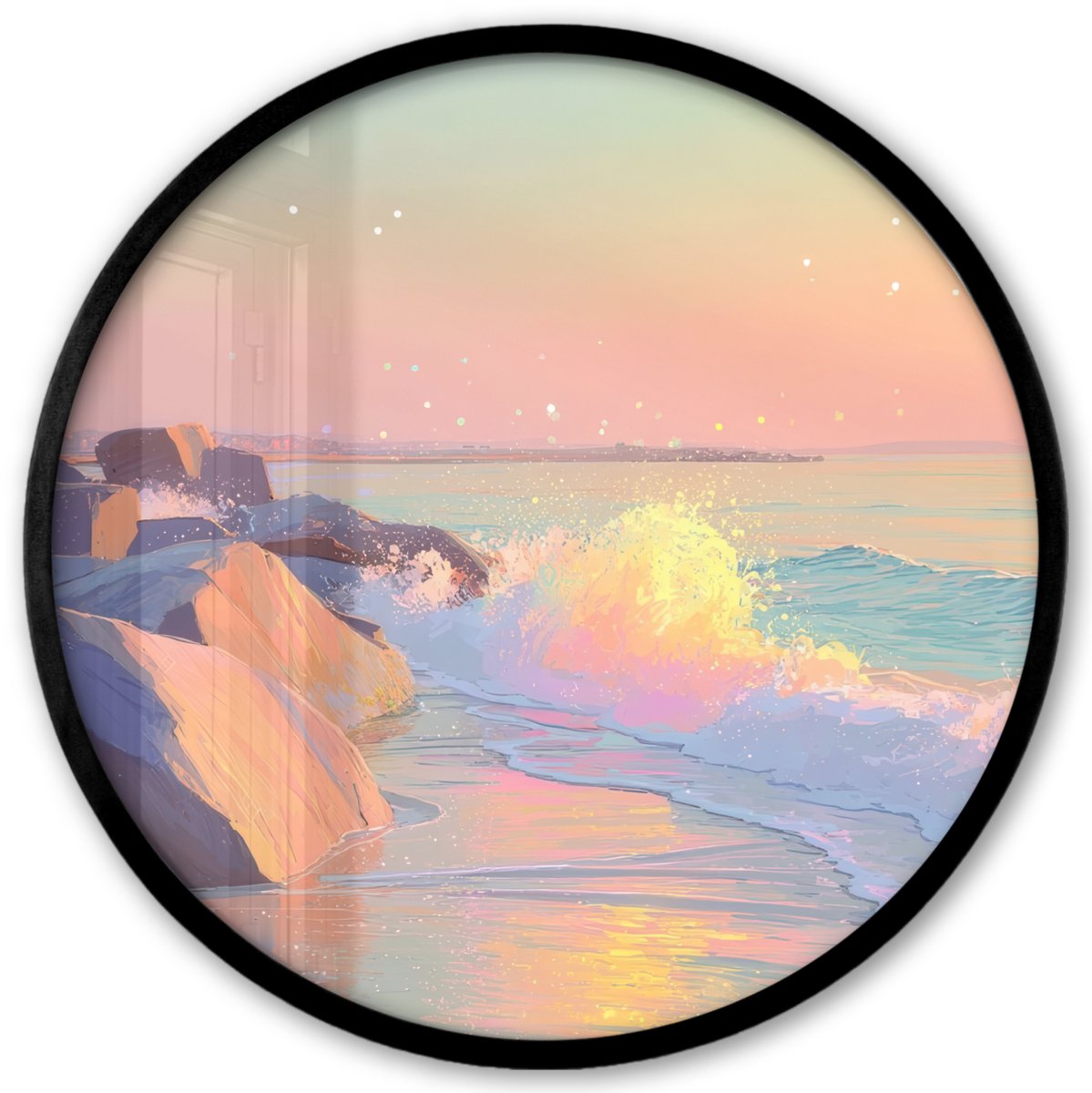 FrameYourWall Poster in lijst Rond - Fotolijst 40x40 cm - Posters - Zomerlicht - Strand - Fonkelende accenten - Ronde posterlijst zwart - Decoratie - Wanddecoratie woonkamer - Muurdecoratie slaapkamer Strand - Zee - Stad