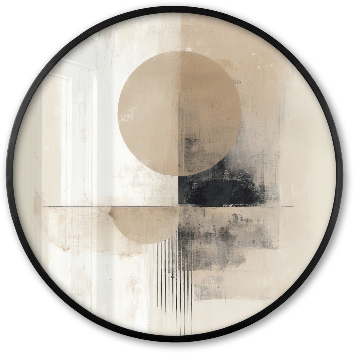 FrameYourWall Poster in lijst Rond - Fotolijst 60x60 cm - Posters - Cirkel - Compositie - Diepte - Beige - Ronde posterlijst zwart - Decoratie - Wanddecoratie woonkamer - Muurdecoratie slaapkamer
