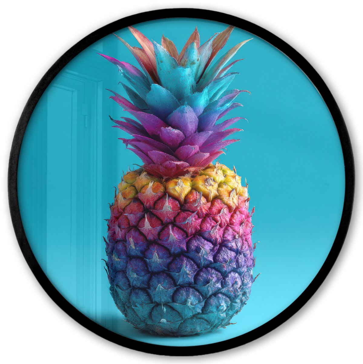 FrameYourWall Poster in lijst Rond - Fotolijst 40x40 cm - Posters - Ananas - Regenboog - Blauw - Popart - Ronde posterlijst zwart - Decoratie - Wanddecoratie woonkamer - Muurdecoratie slaapkamer