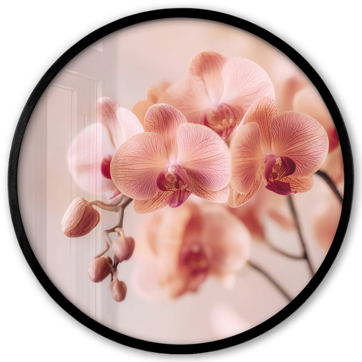 FrameYourWall Poster in lijst Rond - Fotolijst 40x40 cm - Posters - Orchidee - Bloemen - Roze - Bloemblaadjes - Ronde posterlijst zwart - Decoratie - Wanddecoratie woonkamer - Muurdecoratie slaapkamer