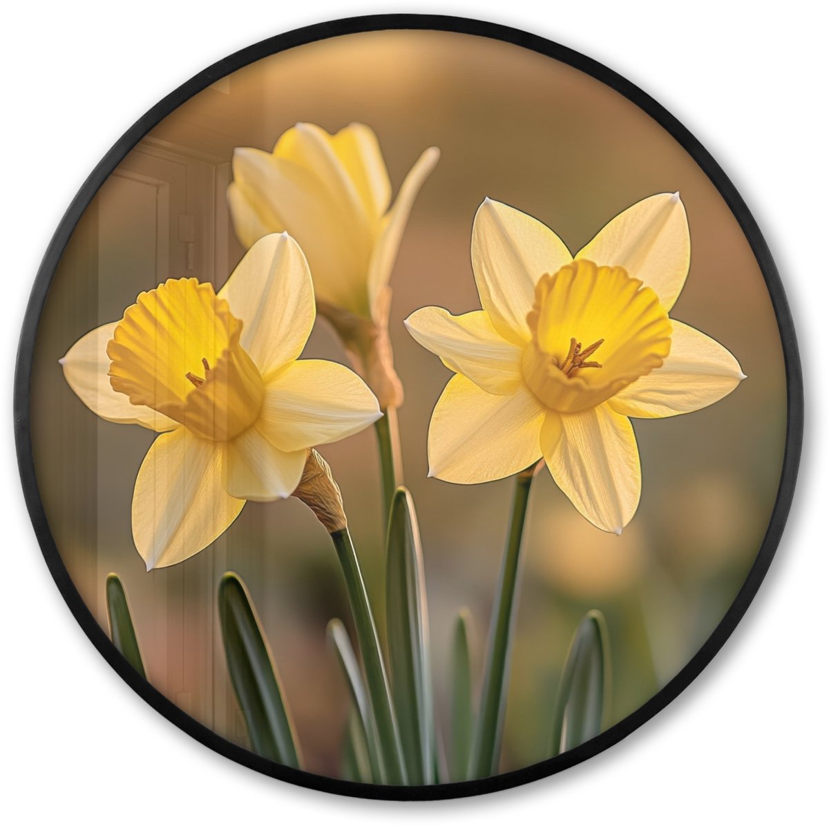 FrameYourWall Poster in lijst Rond - Fotolijst 80x80 cm - Posters - Bloemen - Geel - Wazig - Ronde posterlijst zwart - Decoratie - Wanddecoratie woonkamer - Muurdecoratie slaapkamer Narcissen