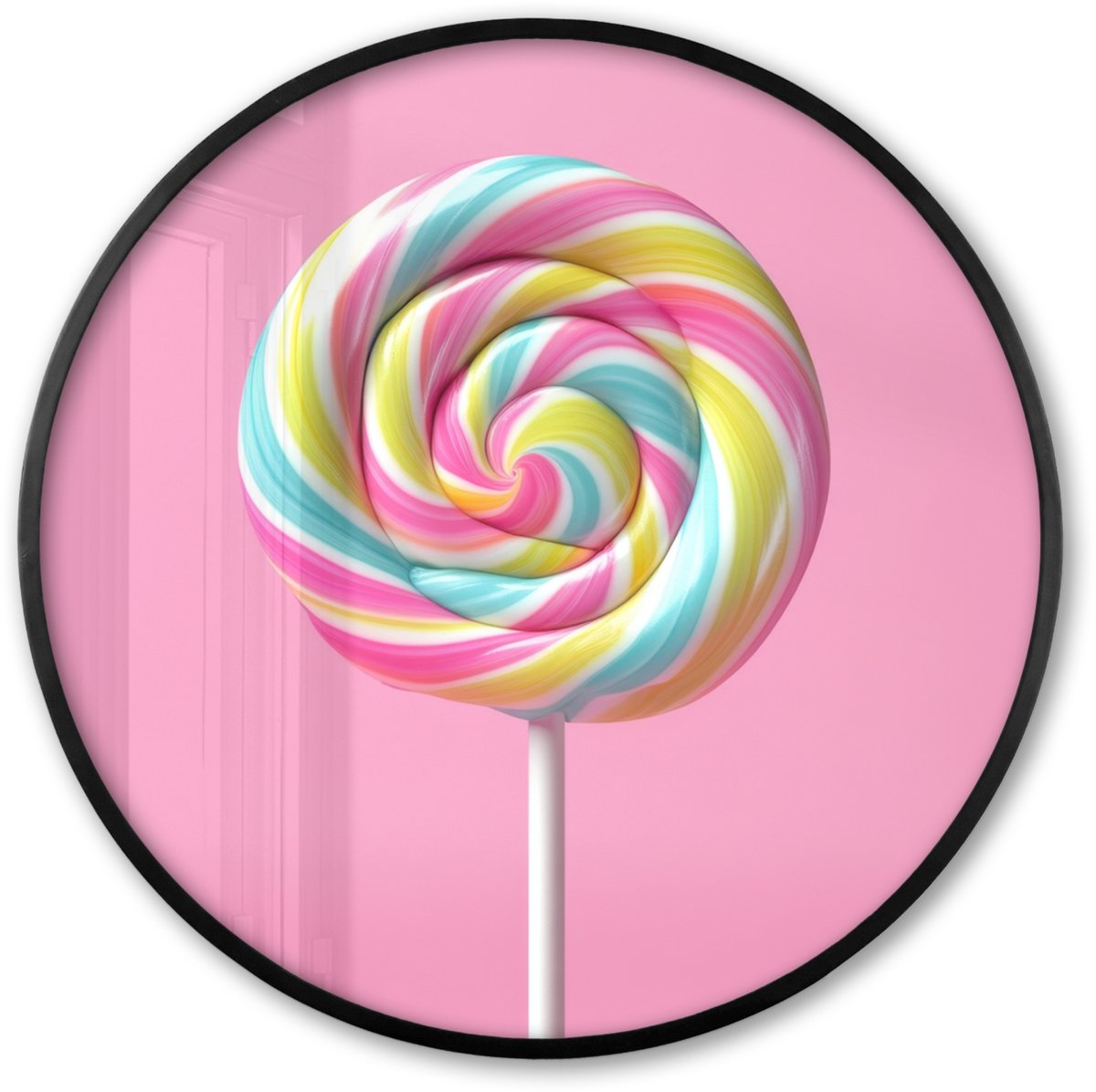 FrameYourWall Poster in lijst Rond - Fotolijst 60x60 cm - Posters - Lolly - Roze - Snoep - Zoet - Ronde posterlijst zwart - Decoratie - Wanddecoratie woonkamer - Muurdecoratie slaapkamer Kleurrijke lolly