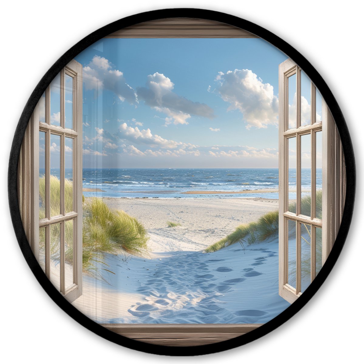 FrameYourWall Poster in lijst Rond - Fotolijst 40x40 cm - Posters - Doorkijk - Strand - Raam - Duinen - Zee - Ronde posterlijst zwart - Decoratie - Wanddecoratie woonkamer - Muurdecoratie slaapkamer Strand - Zee