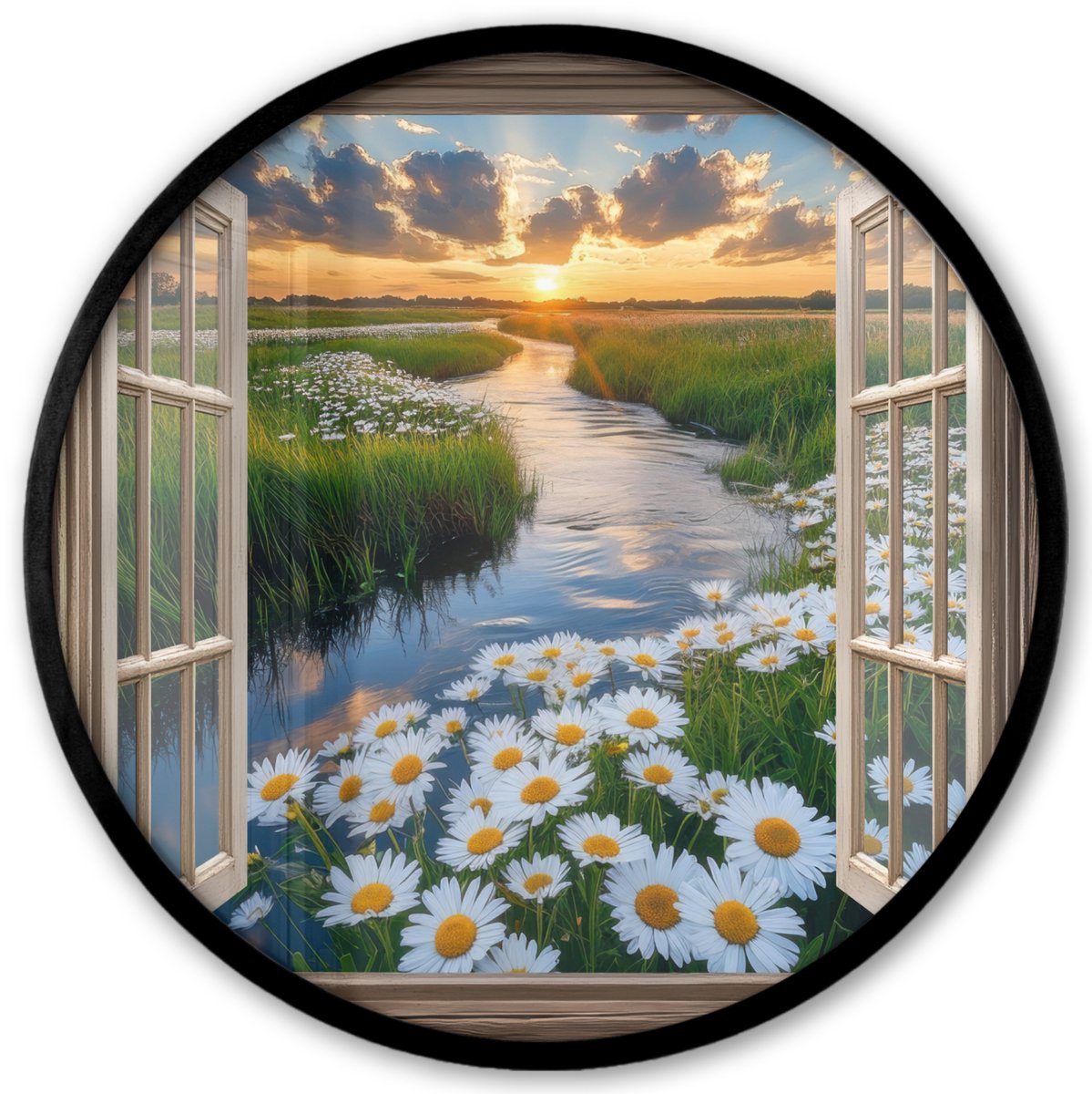 FrameYourWall Poster in lijst Rond - Fotolijst 40x40 cm - Posters - Doorkijk - Landschap - Raam - Water - Zonsondergang - Ronde posterlijst zwart - Decoratie - Wanddecoratie woonkamer - Muurdecoratie slaapkamer Landschap - Water