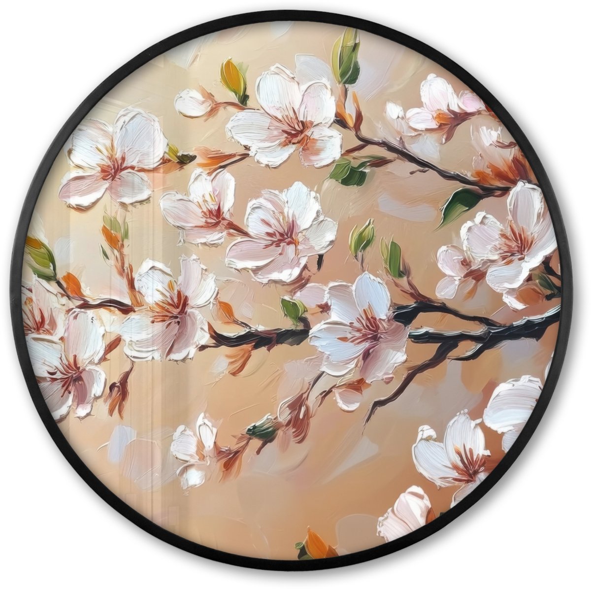 FrameYourWall Poster in lijst Rond - Fotolijst 60x60 cm - Posters - Bloesemtakken - Schilderachtig - Roze - Ronde posterlijst zwart - Decoratie - Wanddecoratie woonkamer - Muurdecoratie slaapkamer
