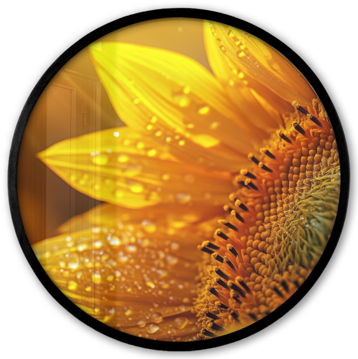 FrameYourWall Poster in lijst Rond - Fotolijst 40x40 cm - Posters - Zonnebloem - Dauwdruppels - Geel - Zonlicht - Ronde posterlijst zwart - Decoratie - Wanddecoratie woonkamer - Muurdecoratie slaapkamer
