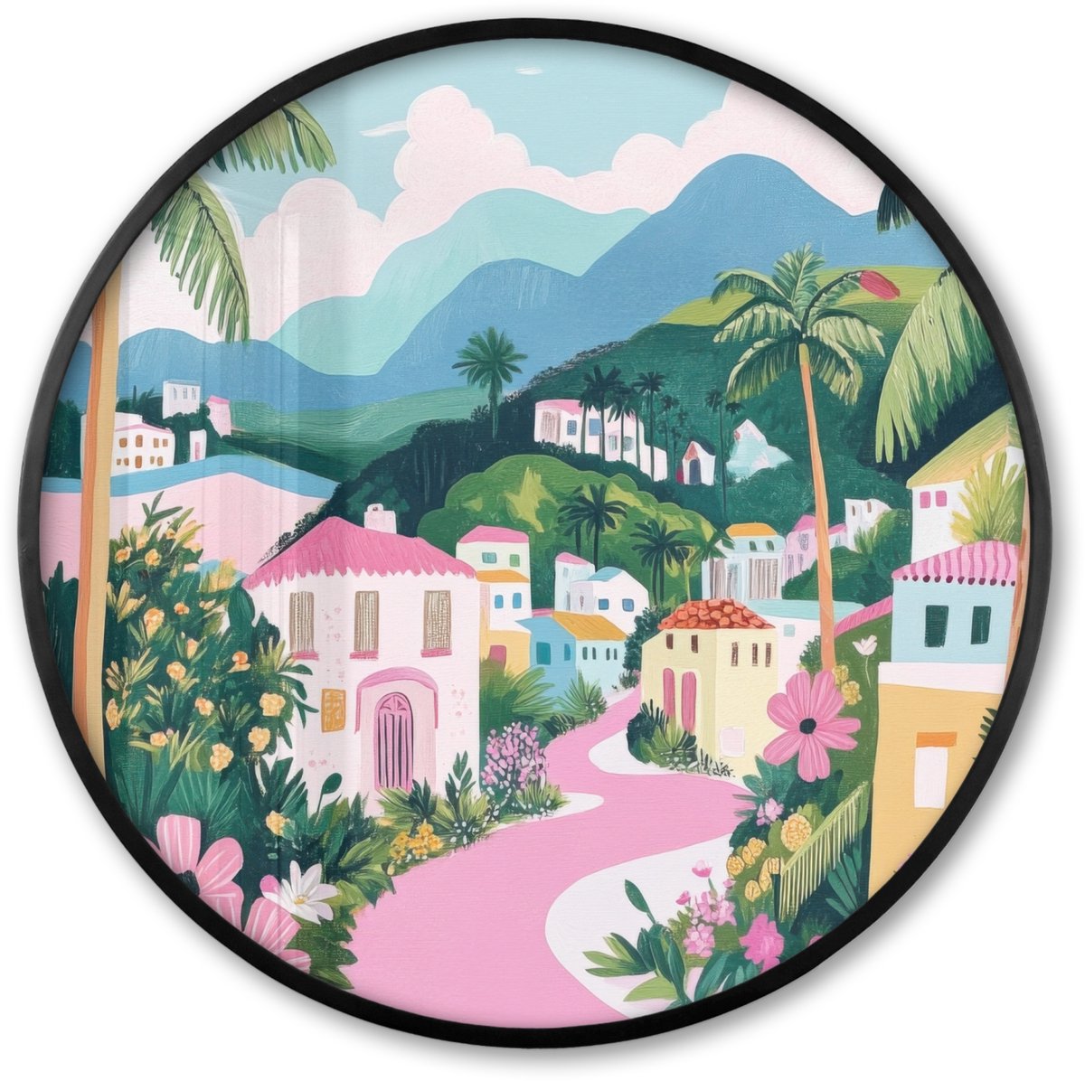 FrameYourWall Poster in lijst Rond - Fotolijst 80x80 cm - Posters - Kleurrijk - Huizen - Heuvels - Roze - Ronde posterlijst zwart - Decoratie - Wanddecoratie woonkamer - Muurdecoratie slaapkamer