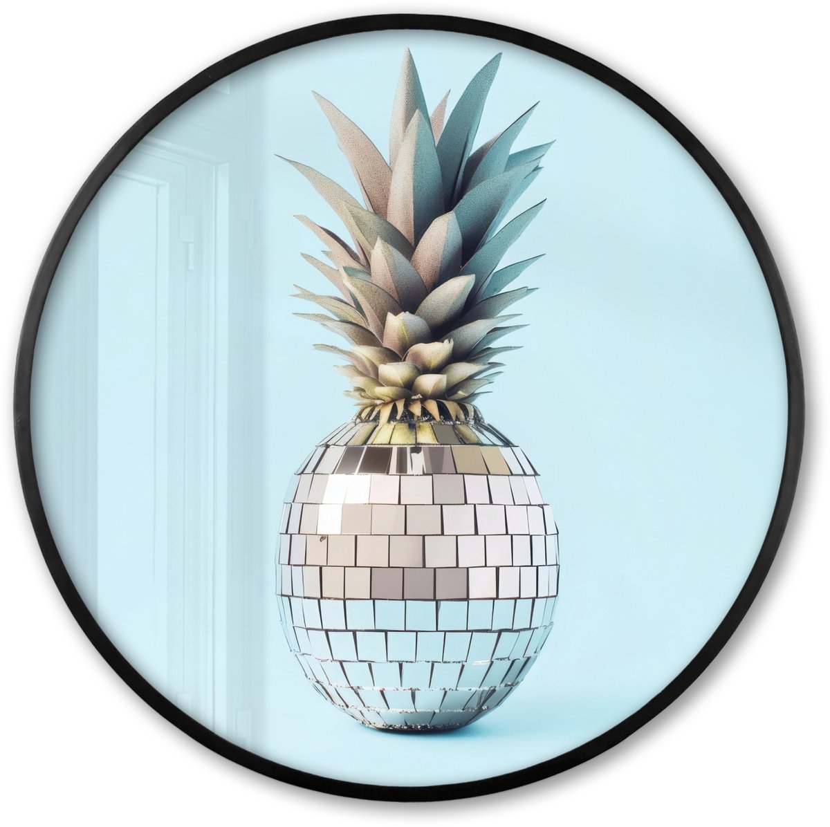 FrameYourWall Poster in lijst Rond - Fotolijst 80x80 cm - Posters - Blauw - Ananas - Disco - Discobal - Ronde posterlijst zwart - Decoratie - Wanddecoratie woonkamer - Muurdecoratie slaapkamer Disco - Ananas