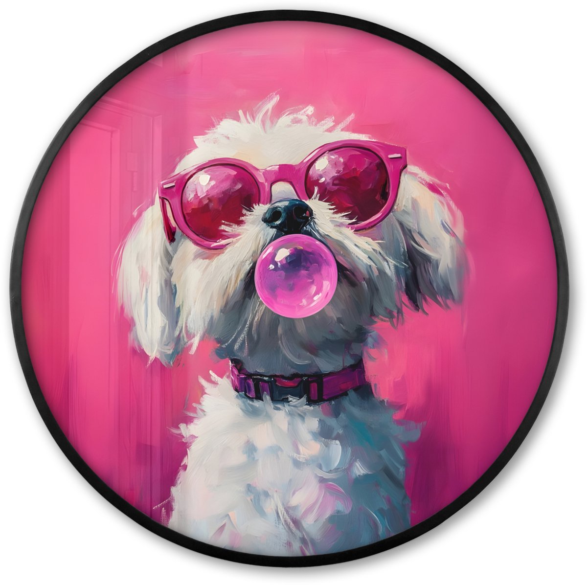 FrameYourWall Poster in lijst Rond - Fotolijst 80x80 cm - Posters - Pink - Hond - Bubbel - Ronde posterlijst zwart - Decoratie - Wanddecoratie woonkamer - Muurdecoratie slaapkamer Hond - Kauwgom