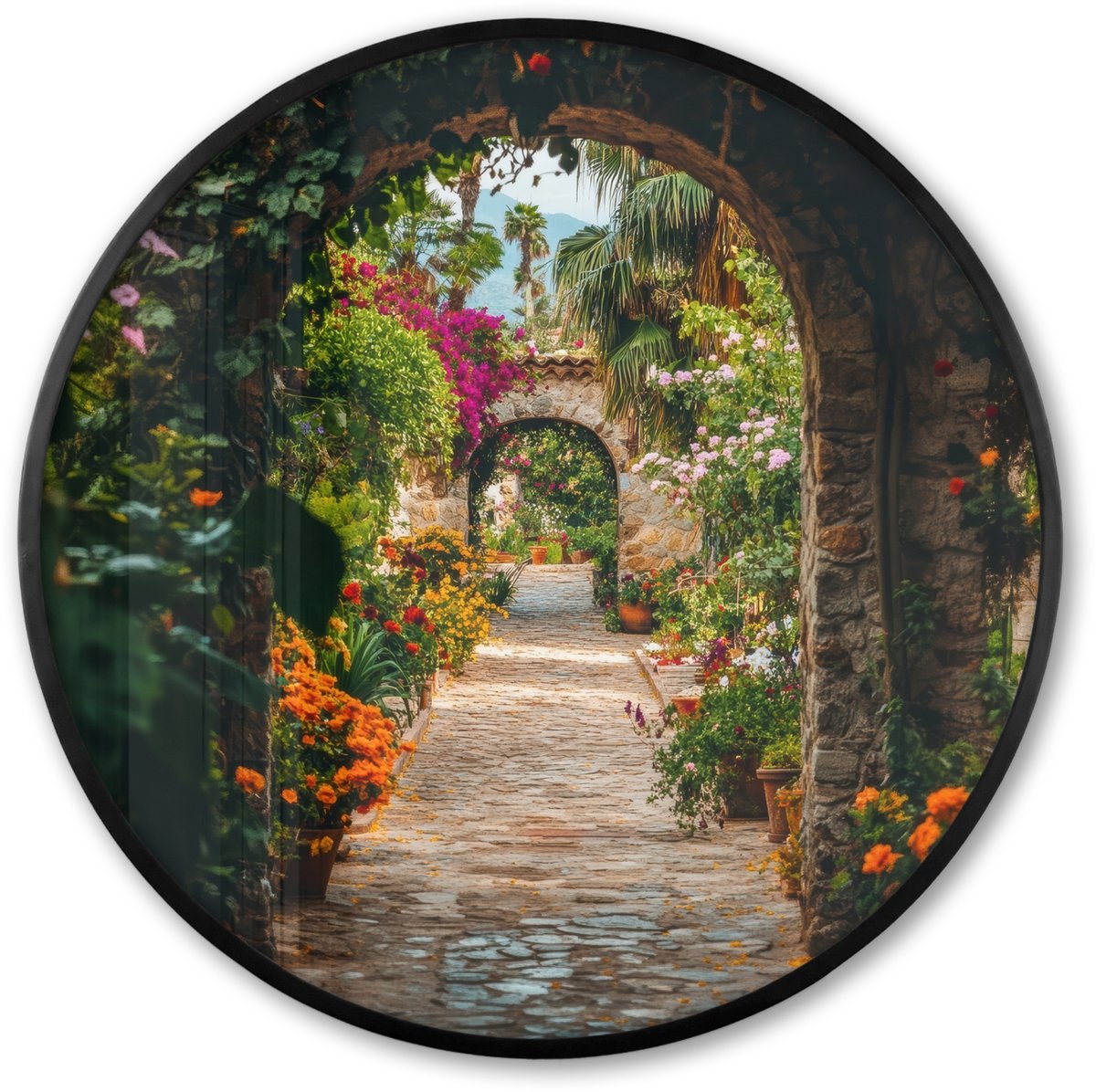 FrameYourWall Poster in lijst Rond - Fotolijst 60x60 cm - Posters - Doorkijk - Bloemen - Poort - Stenen - Ronde posterlijst zwart - Decoratie - Wanddecoratie woonkamer - Muurdecoratie slaapkamer Doorkijk - Bloementuin