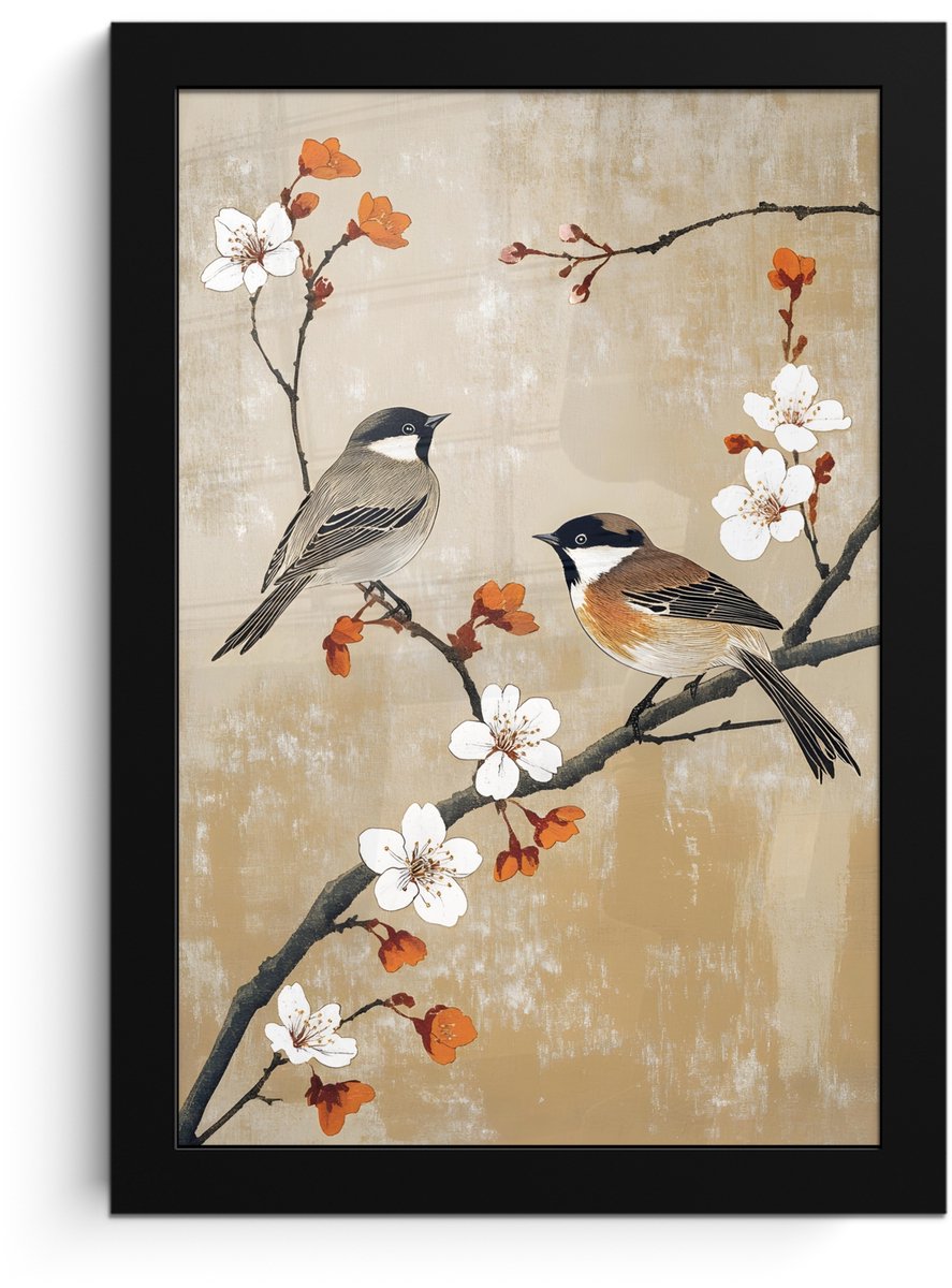 FrameYourWall Poster in lijst - Fotolijst 20x30 cm - Posters - Vogels - Bloesemtak - Bloemen - Oranje - Posterlijst zwart - Decoratie - Wanddecoratie woonkamer - Muurdecoratie slaapkamer