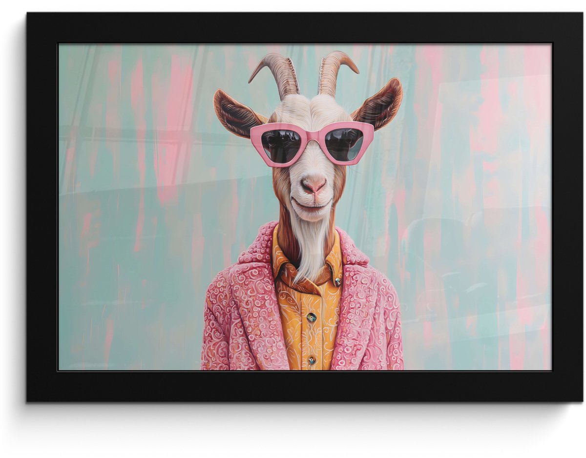 FrameYourWall Poster in lijst - Fotolijst 30x20 cm - Posters - Zonnebril - Roze - Geit - Horen - Posterlijst zwart - Decoratie - Wanddecoratie woonkamer - Muurdecoratie slaapkamer