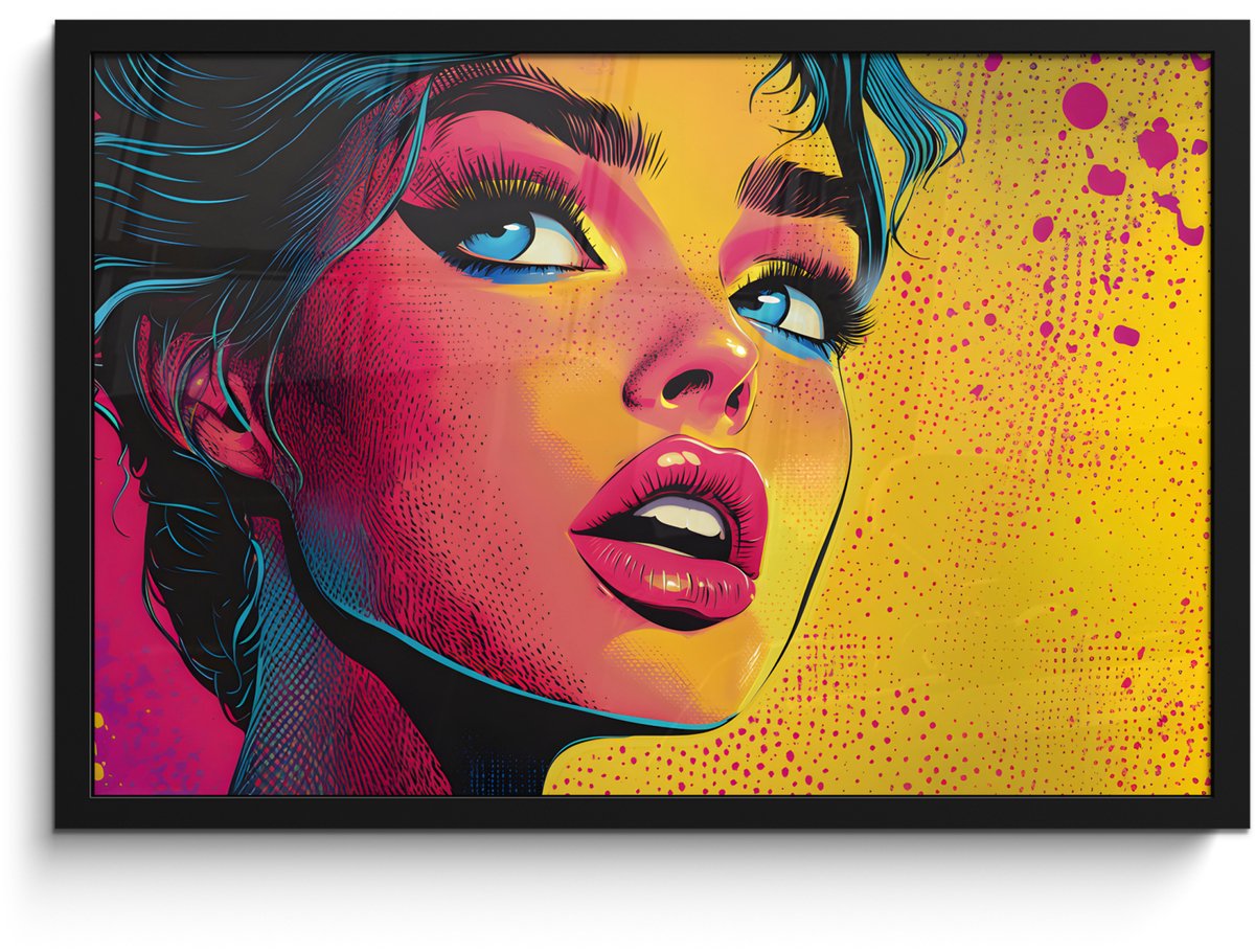 FrameYourWall Poster in lijst - Fotolijst 60x40 cm - Posters - Close-up - Vrouwengezicht - Stippen - Geel - Posterlijst zwart - Decoratie - Wanddecoratie woonkamer - Muurdecoratie slaapkamer Gezicht - Vrouw
