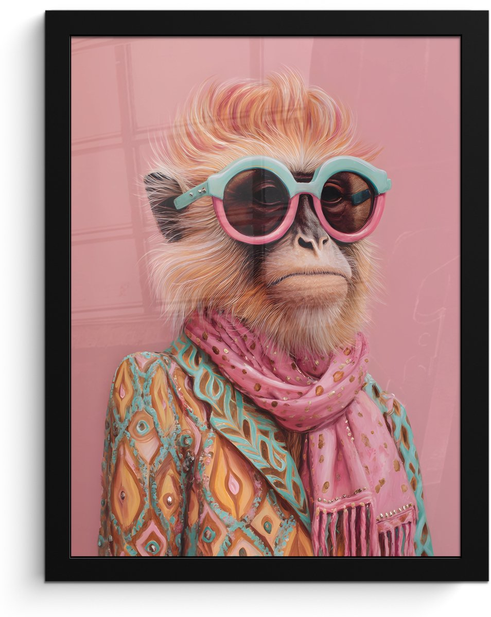 FrameYourWall Poster in lijst - Fotolijst 30x40 cm - Posters - Sjaal - Aap - Zonnebril - Jasje - Posterlijst zwart - Decoratie - Wanddecoratie woonkamer - Muurdecoratie slaapkamer