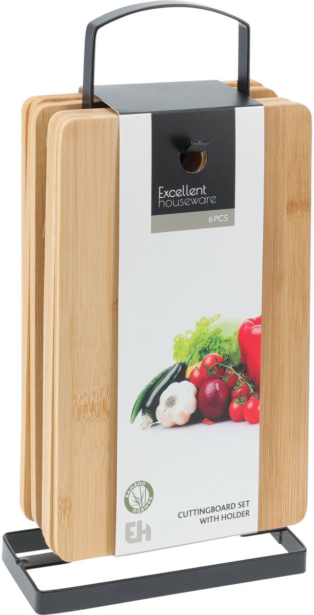 Excellent Houseware Broodplankjes met houder - 6x - bamboe hout - 22 x 15 cm - lichtbruin - ontbijtplankjes