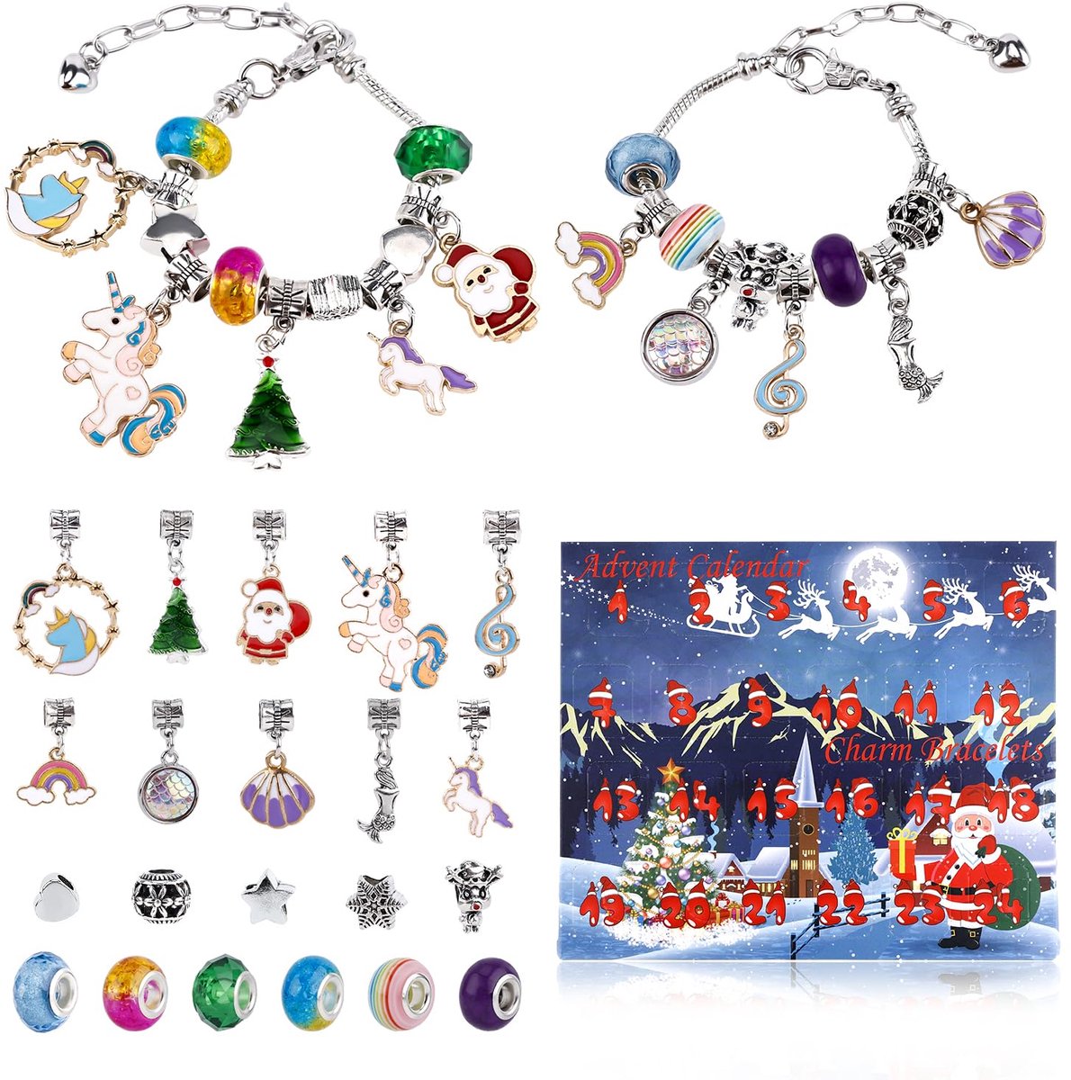 24pcs Advent Calendar Charm Bracelets, DIY Christmas Advent Calendar Bracelets Set 24 Days Countdown Calendar Bracelets Jewelry Making Kit for Teens Girls