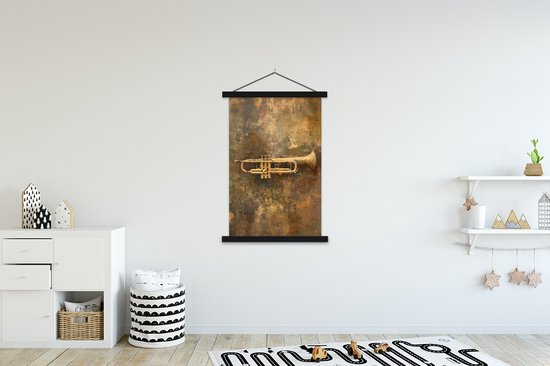 Posterhanger incl. Poster 120x180 cm - Schoolplaat - Trompet - Geel - Muzikaal - Textielposter - Zwarte latten
