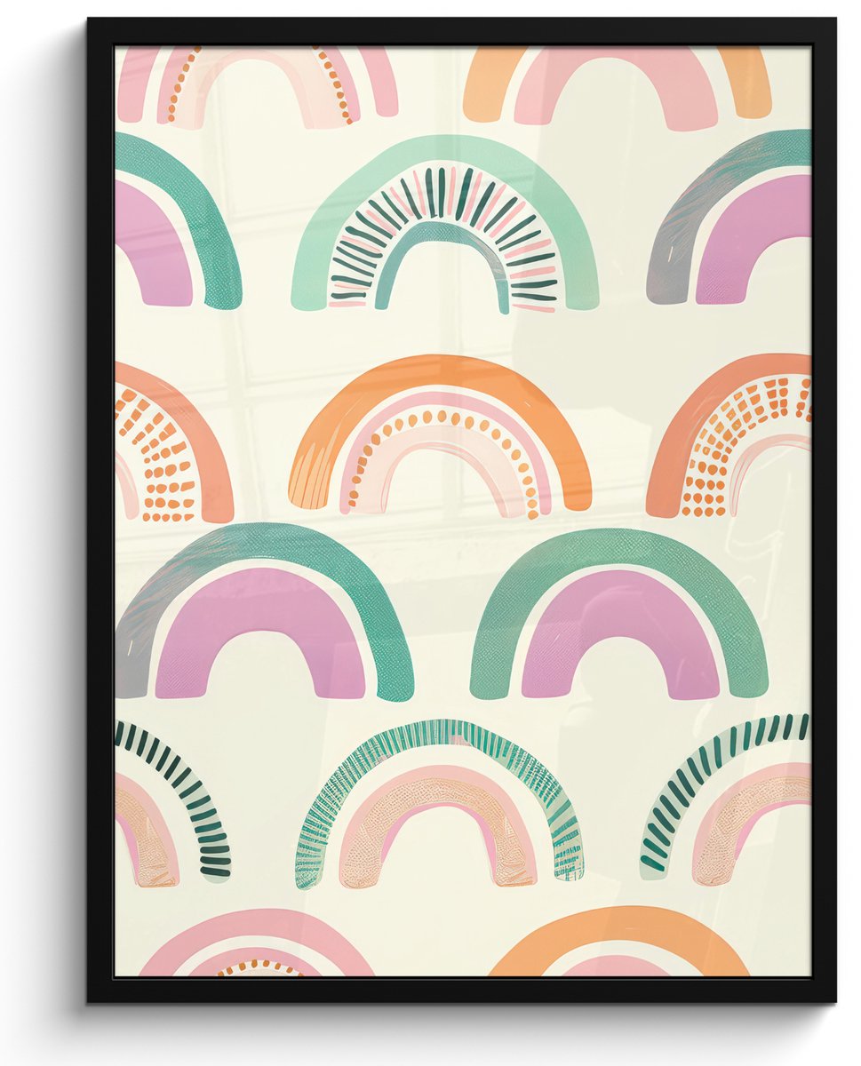 FrameYourWall Poster in lijst - Fotolijst 60x80 cm - Posters - Regenboog - Pastel - Patroon - Posterlijst zwart - Decoratie - Wanddecoratie woonkamer - Muurdecoratie slaapkamer Regenbogen - Stippen - Strepen