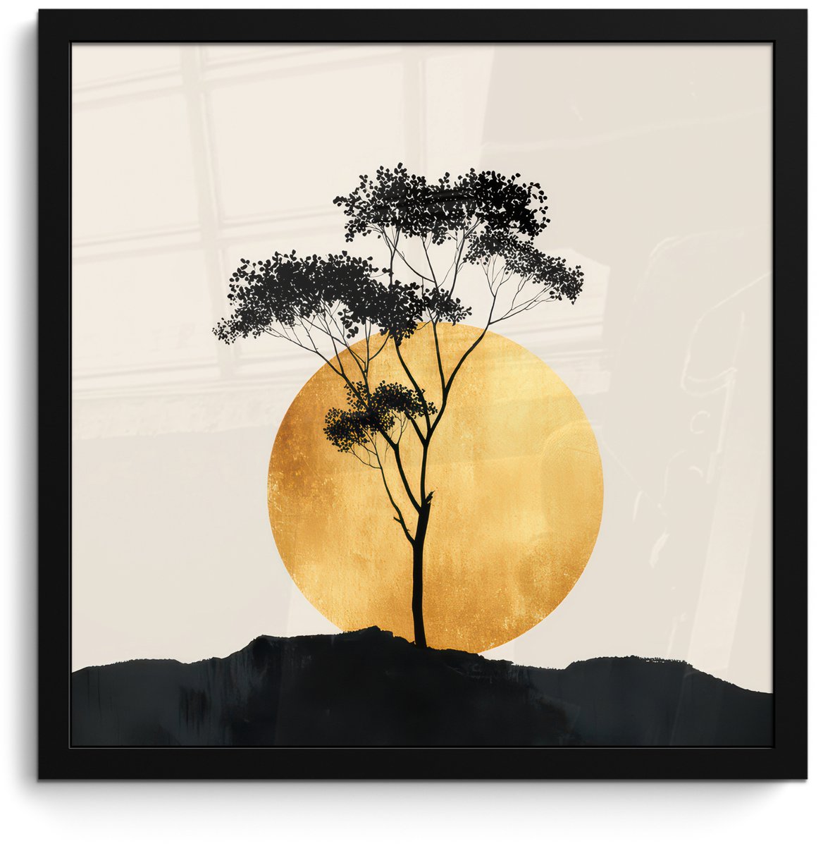 FrameYourWall Poster in lijst - Fotolijst 40x40 cm - Posters - Zwarte boom - Gouden cirkel - Heuvel - Posterlijst zwart - Decoratie - Wanddecoratie woonkamer - Muurdecoratie slaapkamer Boom - Cirkel - Heuvel