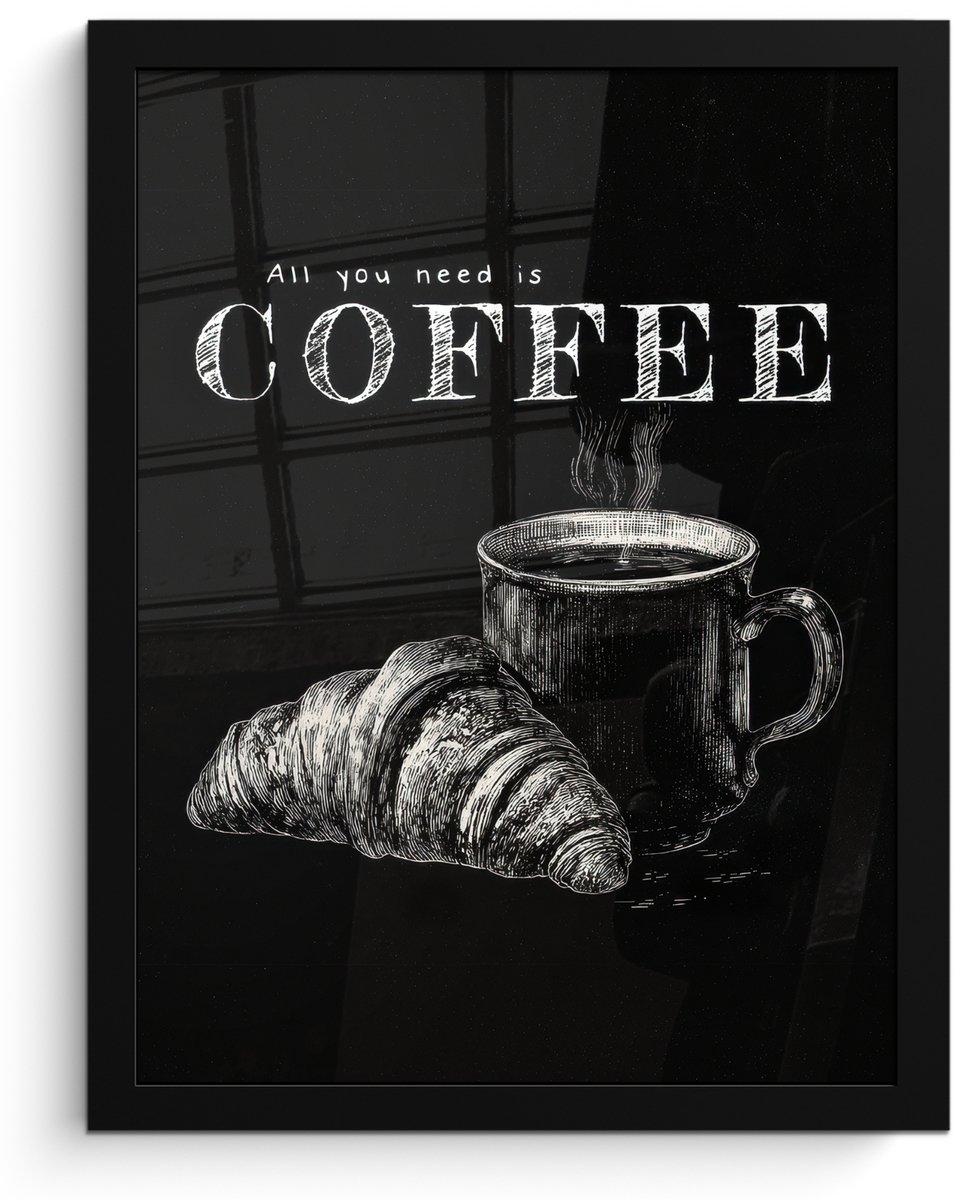 FrameYourWall Poster in lijst - Fotolijst 30x40 cm - Posters - Koffie - Croissant - Tekst - Posterlijst zwart - Decoratie - Wanddecoratie woonkamer - Muurdecoratie slaapkamer