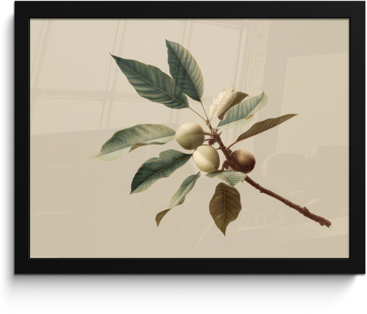 FrameYourWall Poster in lijst - Fotolijst 40x30 cm - Posters - Tak - Groene Bladeren - Vruchten - Posterlijst zwart - Decoratie - Wanddecoratie woonkamer - Muurdecoratie slaapkamer Tak - Bladeren - Vruchten