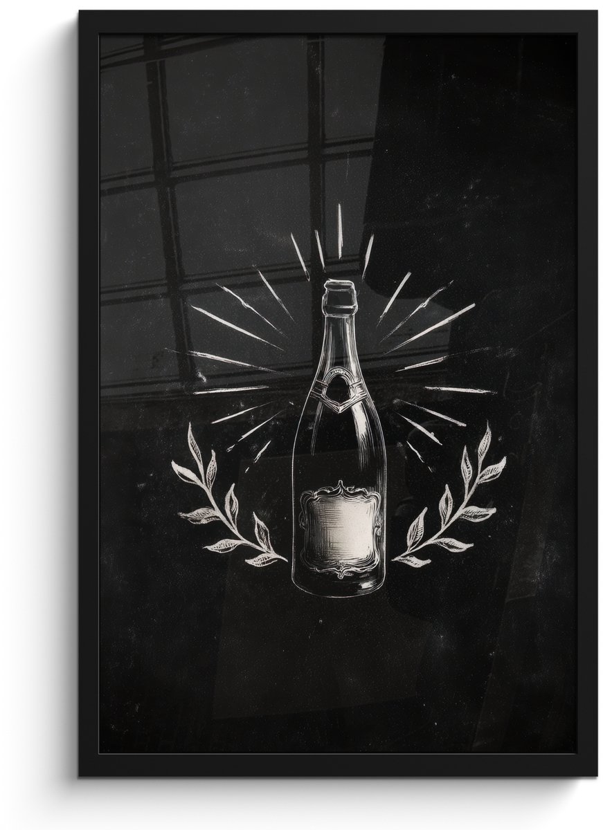 FrameYourWall Poster in lijst - Fotolijst 40x60 cm - Posters - Champagnefles - Lauriertakken - Zwarte achtergrond - Posterlijst zwart - Decoratie - Wanddecoratie woonkamer - Muurdecoratie slaapkamer