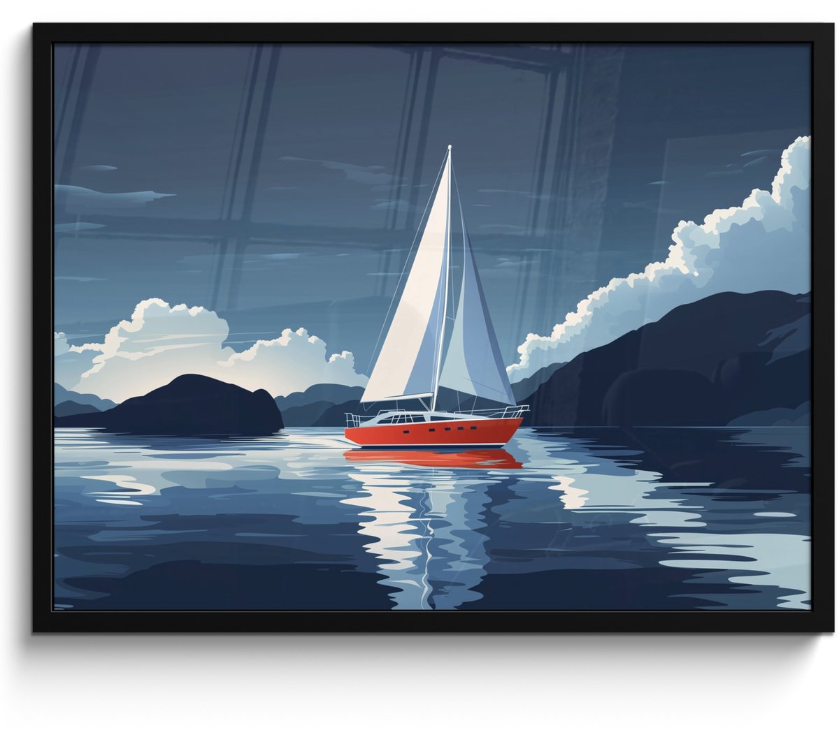 FrameYourWall Poster in lijst - Fotolijst 80x60 cm - Posters - Zeilboot - Donkere bergen - Stilte - Posterlijst zwart - Decoratie - Wanddecoratie woonkamer - Muurdecoratie slaapkamer Zeilboot - Wolken