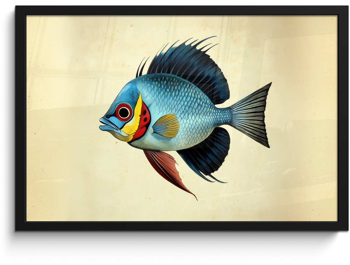FrameYourWall Poster in lijst - Fotolijst 60x40 cm - Posters - Blauw - Kieuwen - Vis - Illustratie - Posterlijst zwart - Decoratie - Wanddecoratie woonkamer - Muurdecoratie slaapkamer Vis - Kieuwen