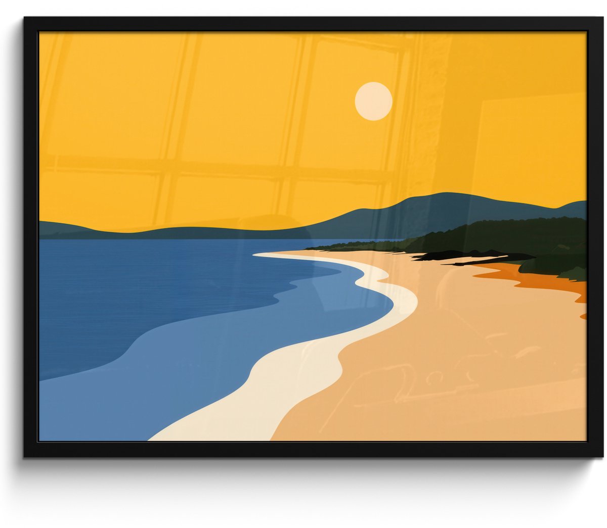FrameYourWall Poster in lijst - Fotolijst 80x60 cm - Posters - Kustlijn - Oranje lucht - Begroeiing - Posterlijst zwart - Decoratie - Wanddecoratie woonkamer - Muurdecoratie slaapkamer Kustlijn - Zon