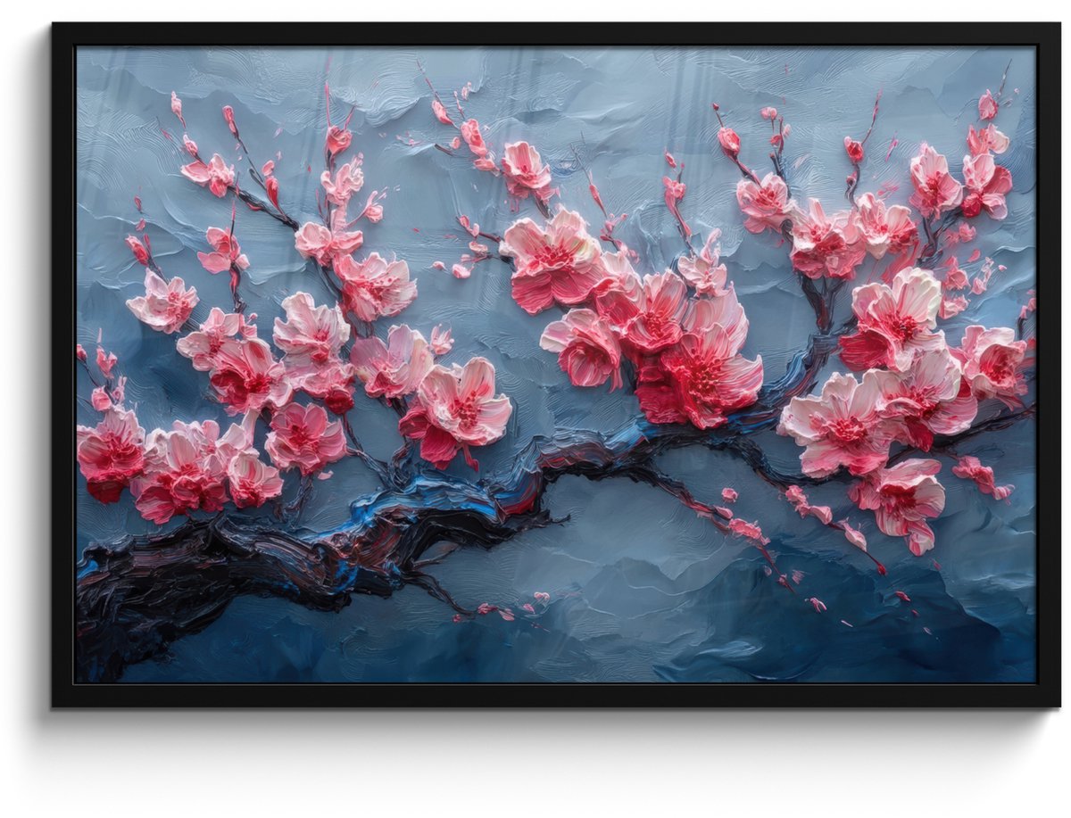 FrameYourWall Poster in lijst - Fotolijst 90x60 cm - Posters - Bloesem - Bloem - Roze - Tak - Posterlijst zwart - Decoratie - Wanddecoratie woonkamer - Muurdecoratie slaapkamer Bloesem - Tak