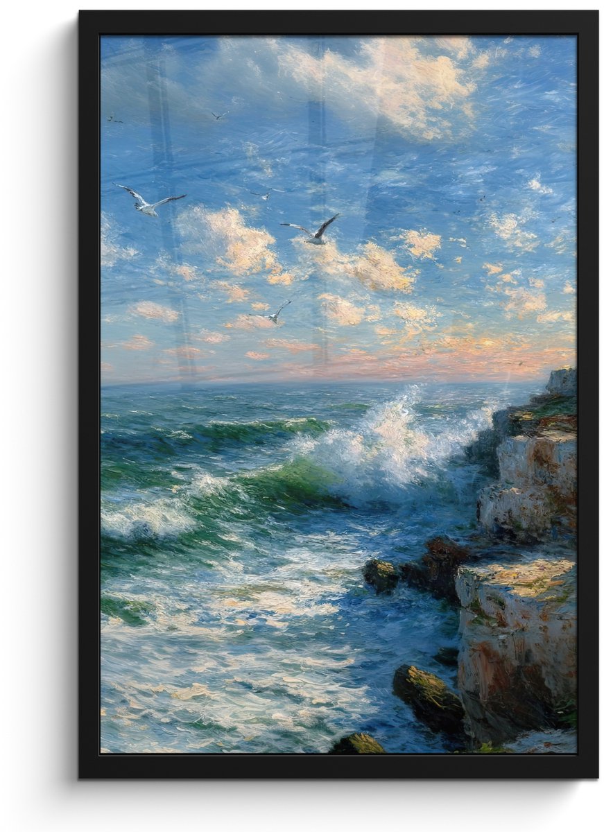 FrameYourWall Poster in lijst - Fotolijst 40x60 cm - Posters - Zee - Golven - Rotsen - Meeuwen - Posterlijst zwart - Decoratie - Wanddecoratie woonkamer - Muurdecoratie slaapkamer