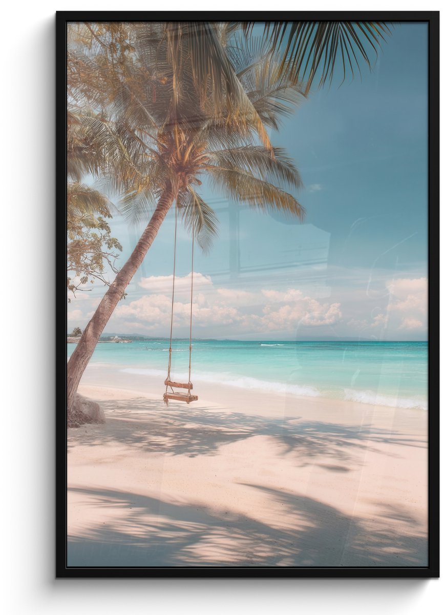 FrameYourWall Poster in lijst - Fotolijst 80x120 cm - Posters - Palmboom - Schommel - Strand - Lucht - Posterlijst zwart - Decoratie - Wanddecoratie woonkamer - Muurdecoratie slaapkamer