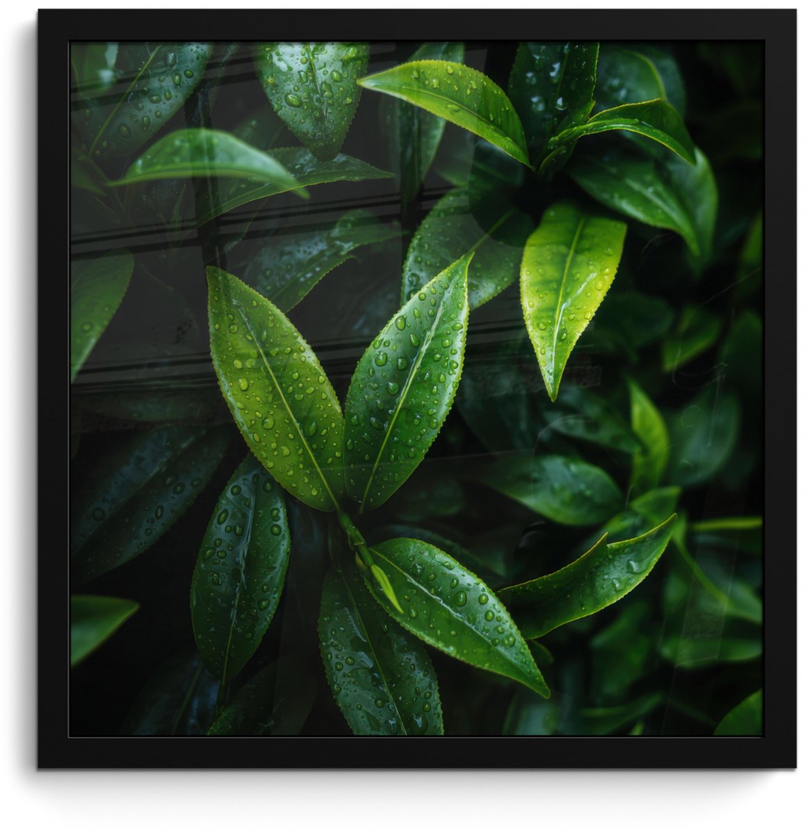 FrameYourWall Poster in lijst - Fotolijst 40x40 cm - Posters - Bladeren - Regendruppels - Licht - Groen - Posterlijst zwart - Decoratie - Wanddecoratie woonkamer - Muurdecoratie slaapkamer