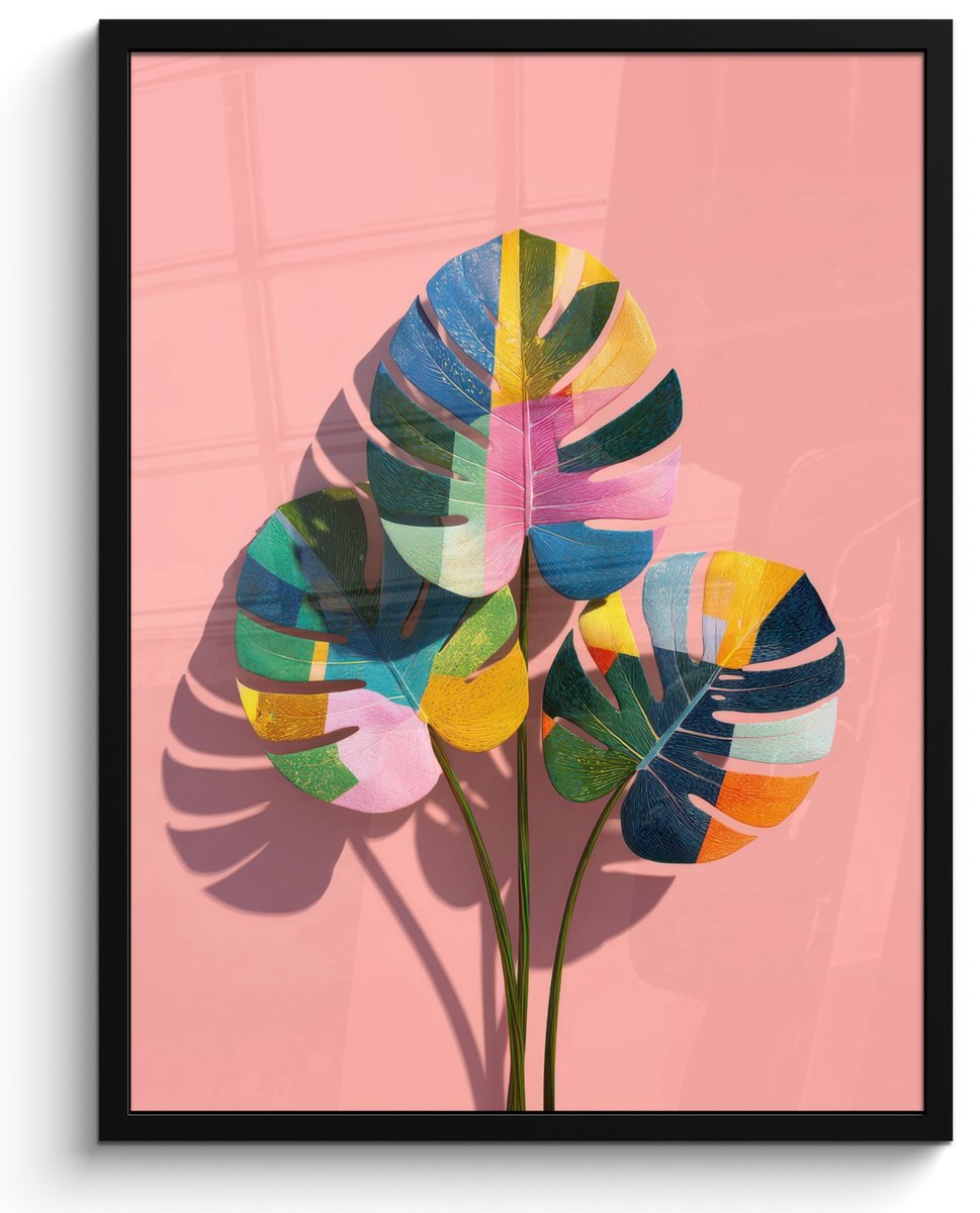 FrameYourWall Poster in lijst - Fotolijst 60x80 cm - Posters - Bladeren - Geschilderd - Vlakken - Kleurrijk - Posterlijst zwart - Decoratie - Wanddecoratie woonkamer - Muurdecoratie slaapkamer