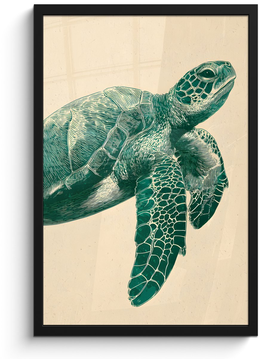 FrameYourWall Poster in lijst - Fotolijst 40x60 cm - Posters - Schildpad - Sierlijk - Groen - Schild - Posterlijst zwart - Decoratie - Wanddecoratie woonkamer - Muurdecoratie slaapkamer