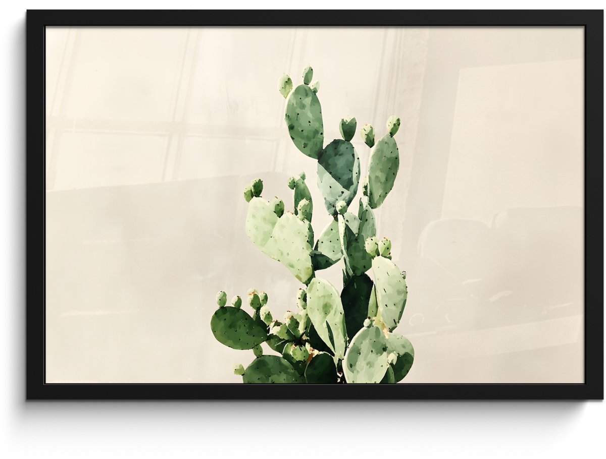 FrameYourWall Poster in lijst - Fotolijst 60x40 cm - Posters - Cactus - Groen - Minimalistisch - Posterlijst zwart - Decoratie - Wanddecoratie woonkamer - Muurdecoratie slaapkamer