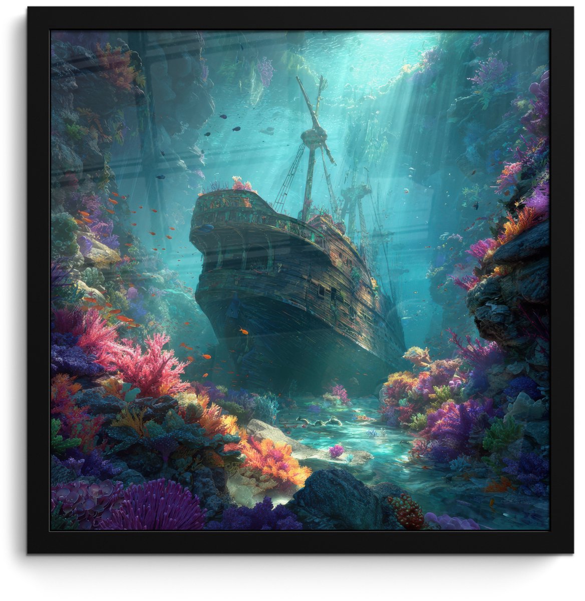 FrameYourWall Poster in lijst - Fotolijst 40x40 cm - Posters - Schip - Hout - Koraalriffen - Zonlicht - Posterlijst zwart - Decoratie - Wanddecoratie woonkamer - Muurdecoratie slaapkamer