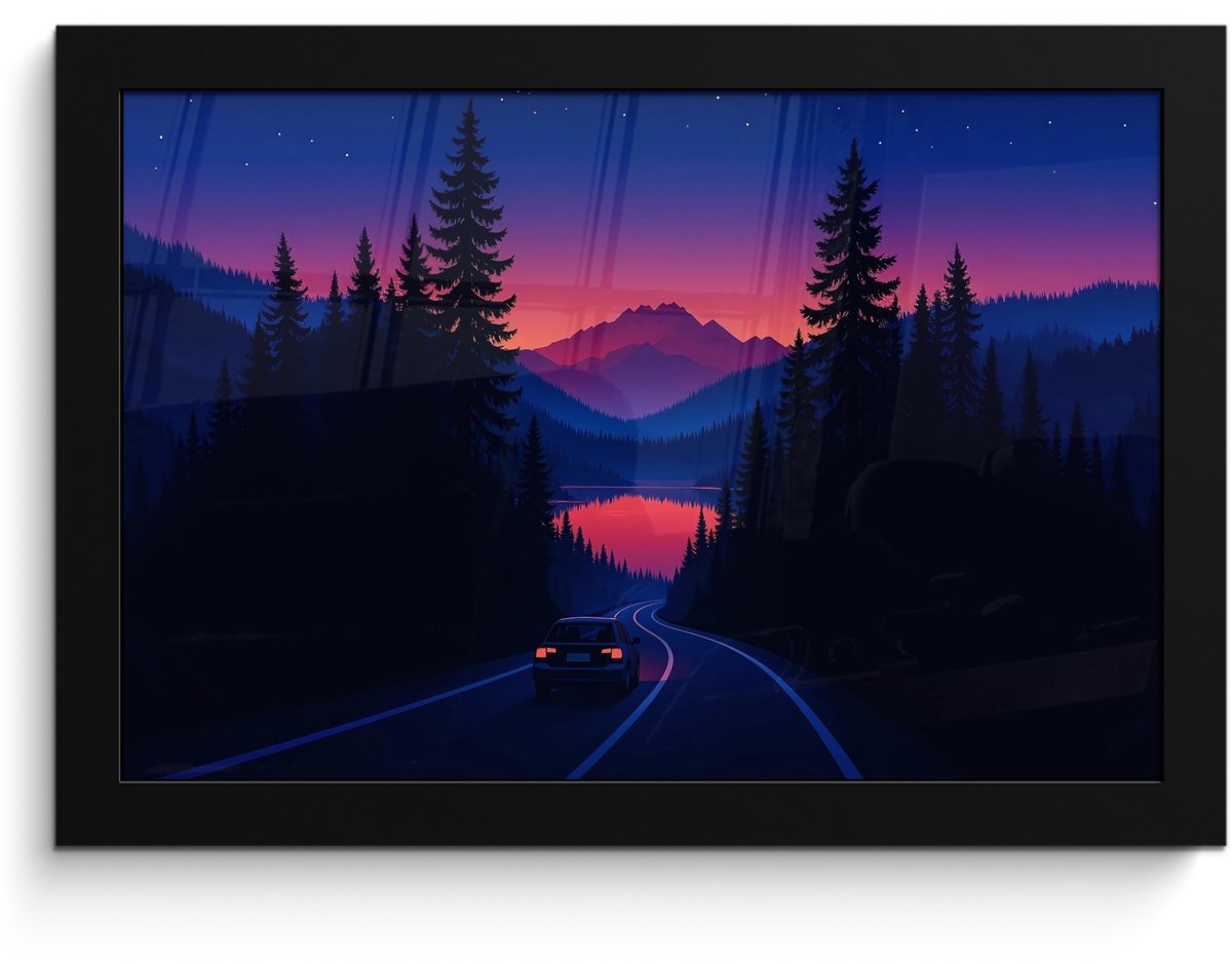 FrameYourWall Poster in lijst - Fotolijst 30x20 cm - Posters - Auto - Donkere dennenbomen - Zonsondergang - Posterlijst zwart - Decoratie - Wanddecoratie woonkamer - Muurdecoratie slaapkamer Auto - Dennenbomen - Zonsondergang