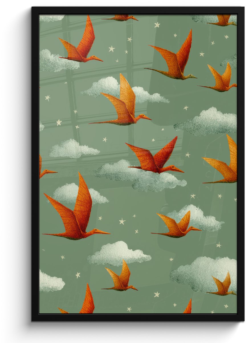FrameYourWall Poster in lijst - Fotolijst 60x90 cm - Posters - Dinosaurussen - Wolken - Sterren - Oranje - Posterlijst zwart - Decoratie - Wanddecoratie woonkamer - Muurdecoratie slaapkamer
