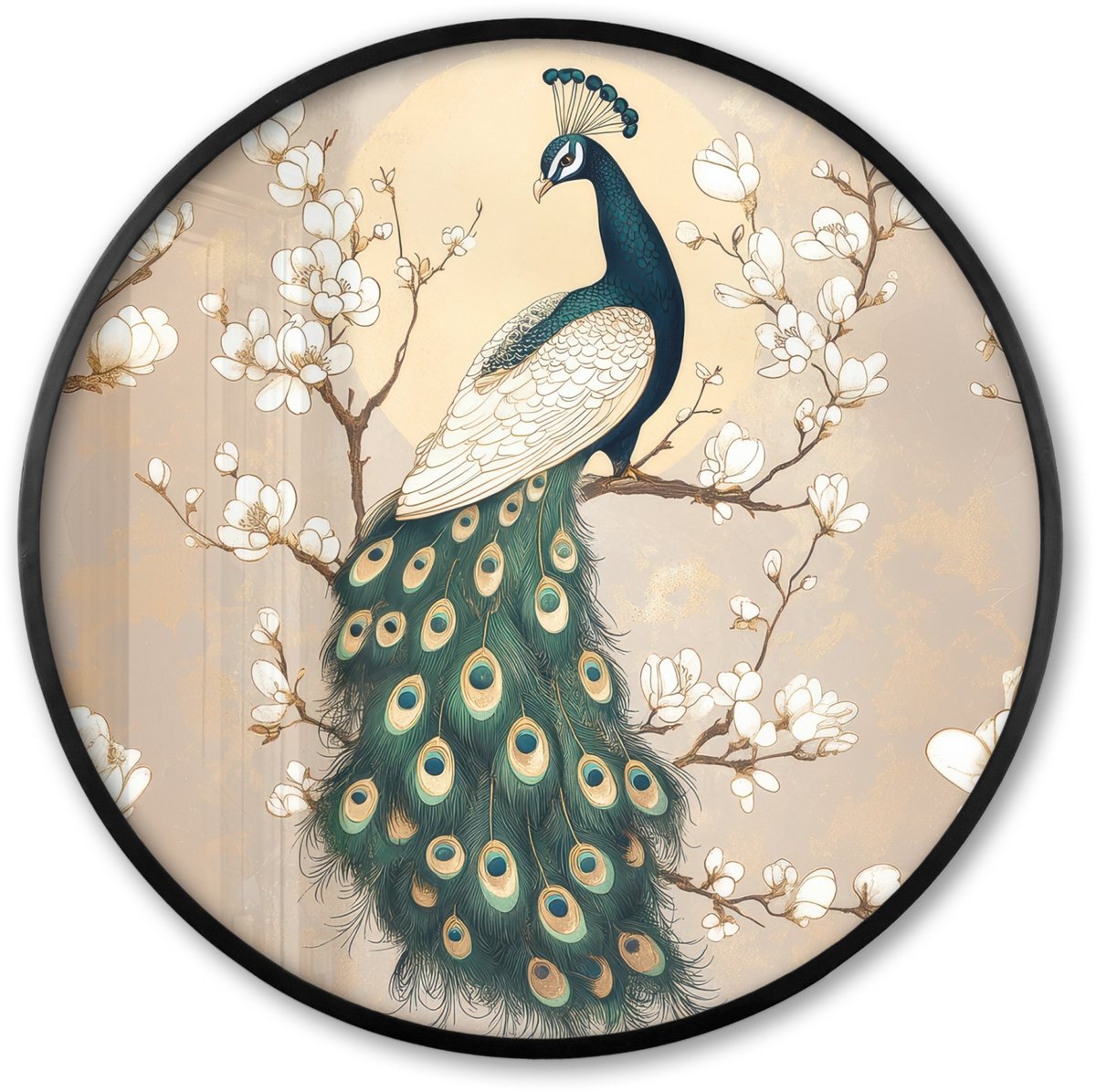 FrameYourWall Poster in lijst Rond - Fotolijst 60x60 cm - Posters - Pauw - Tak - Bloemen - Ronde posterlijst zwart - Decoratie - Wanddecoratie woonkamer - Muurdecoratie slaapkamer