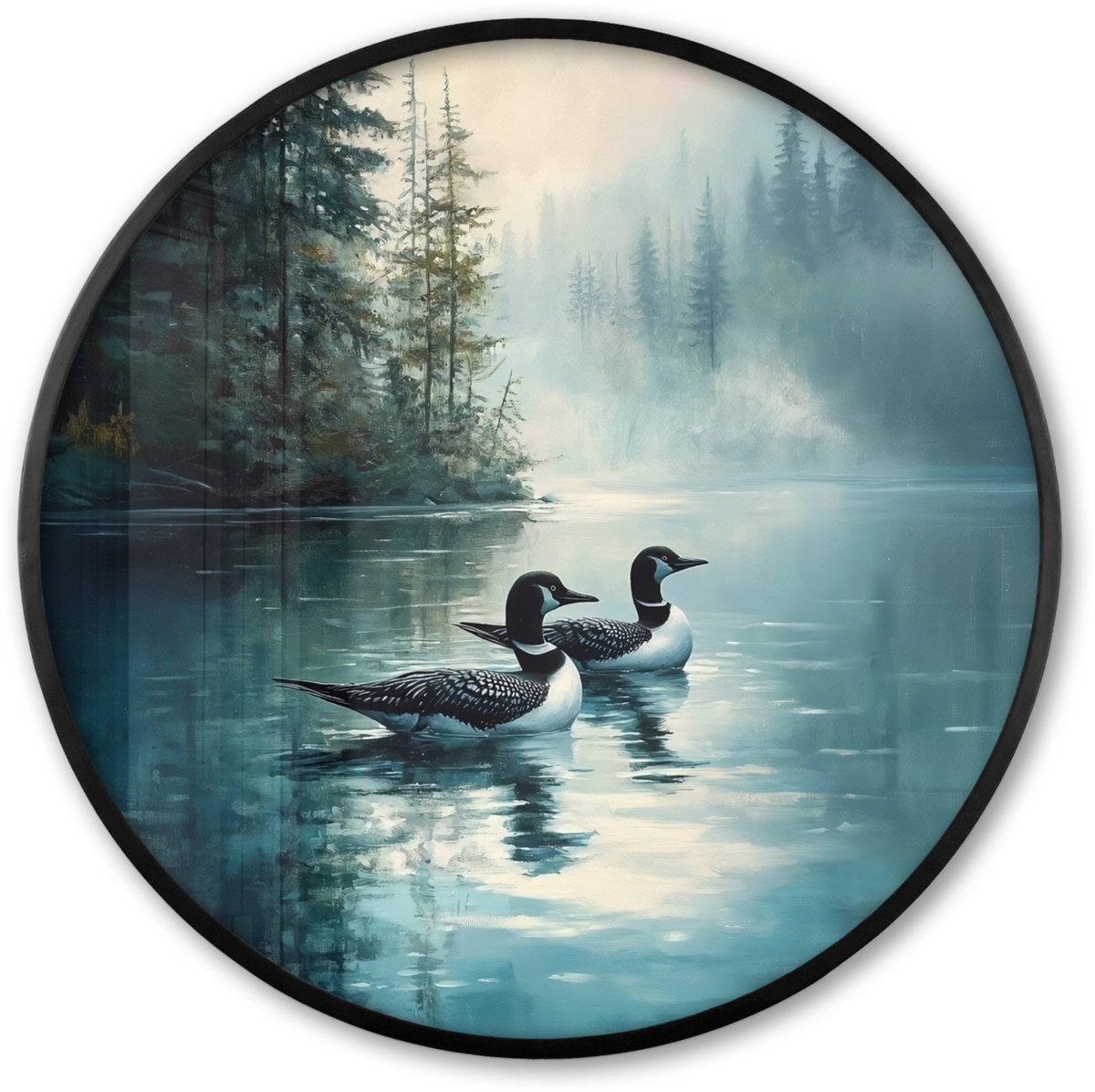FrameYourWall Poster in lijst Rond - Fotolijst 60x60 cm - Posters - Bos - Water - Eenden - Mistig - Ronde posterlijst zwart - Decoratie - Wanddecoratie woonkamer - Muurdecoratie slaapkamer Eenden - Water - Bos