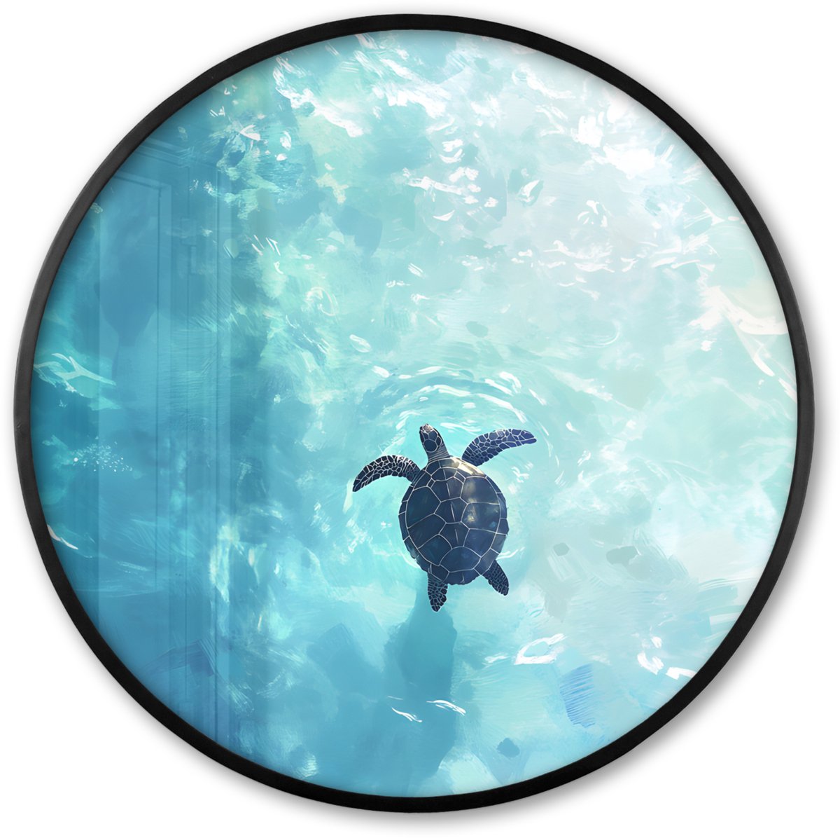FrameYourWall Poster in lijst Rond - Fotolijst 80x80 cm - Posters - Schildpad - Zee - Blauw - Schittering - Ronde posterlijst zwart - Decoratie - Wanddecoratie woonkamer - Muurdecoratie slaapkamer