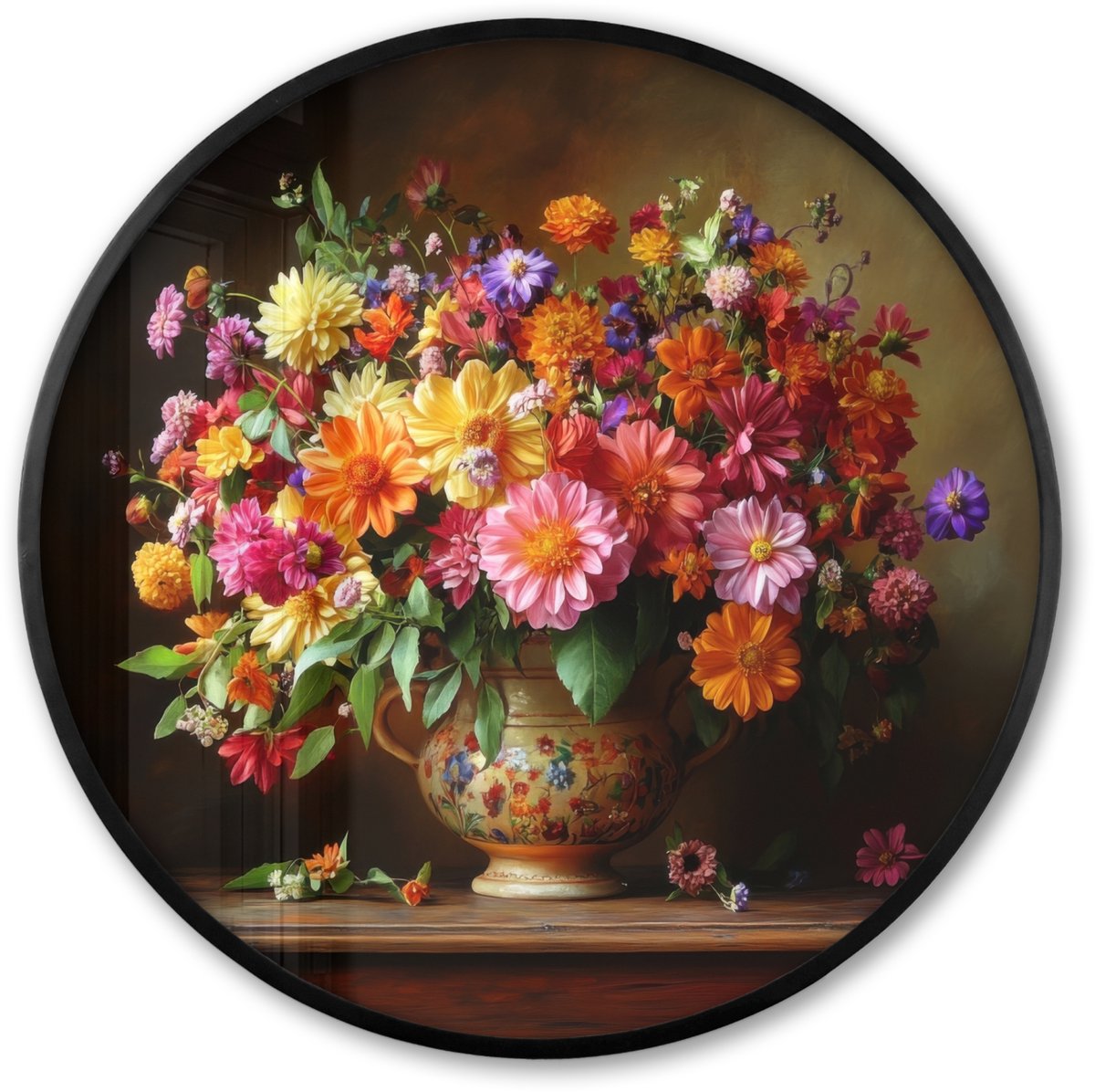 FrameYourWall Poster in lijst Rond - Fotolijst 60x60 cm - Posters - Kleuren - Boeket - Vaas - Hout - Ronde posterlijst zwart - Decoratie - Wanddecoratie woonkamer - Muurdecoratie slaapkamer Bloemen - Kleurrijk