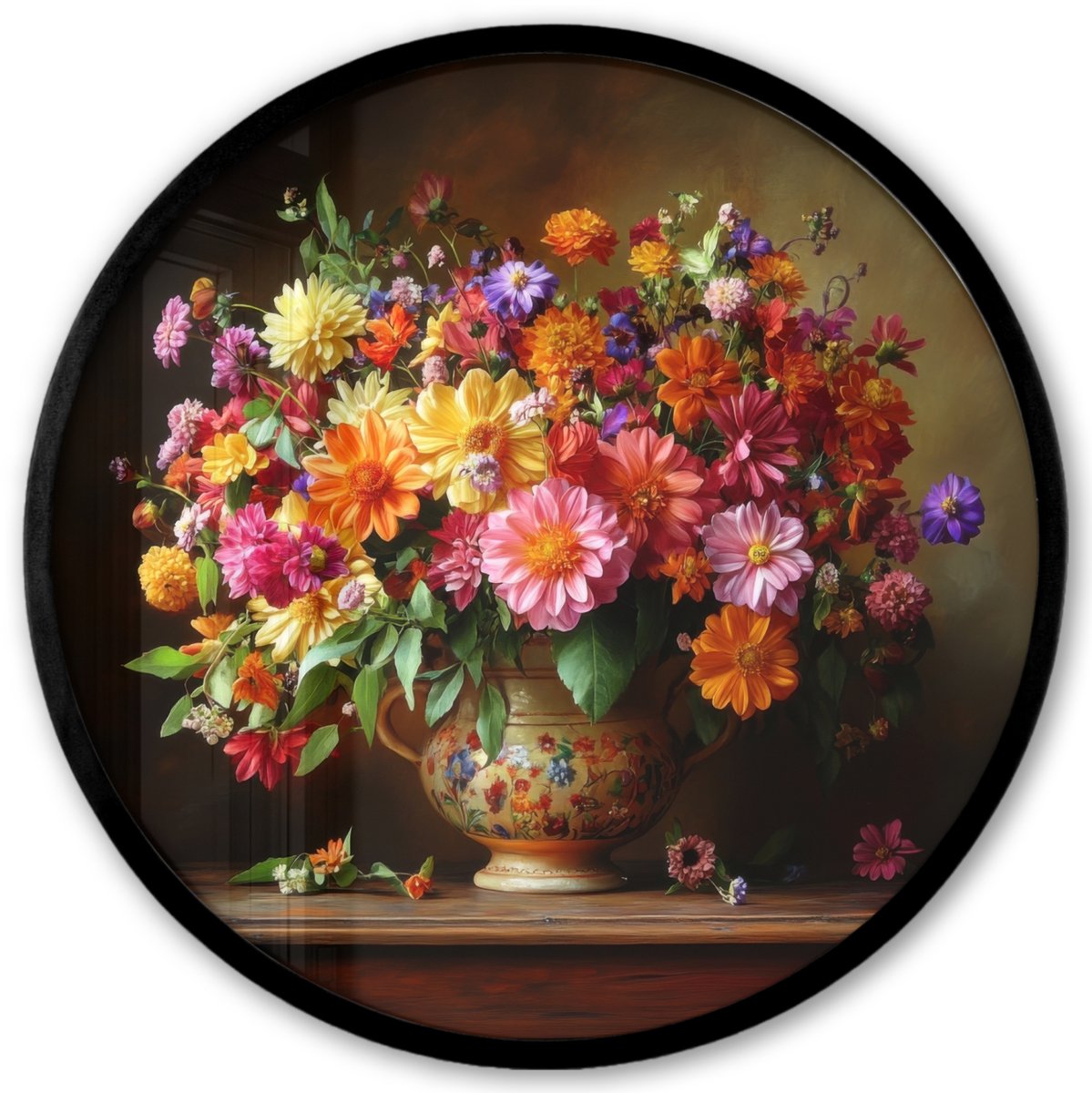 FrameYourWall Poster in lijst Rond - Fotolijst 40x40 cm - Posters - Kleuren - Boeket - Vaas - Hout - Ronde posterlijst zwart - Decoratie - Wanddecoratie woonkamer - Muurdecoratie slaapkamer Bloemen - Kleurrijk