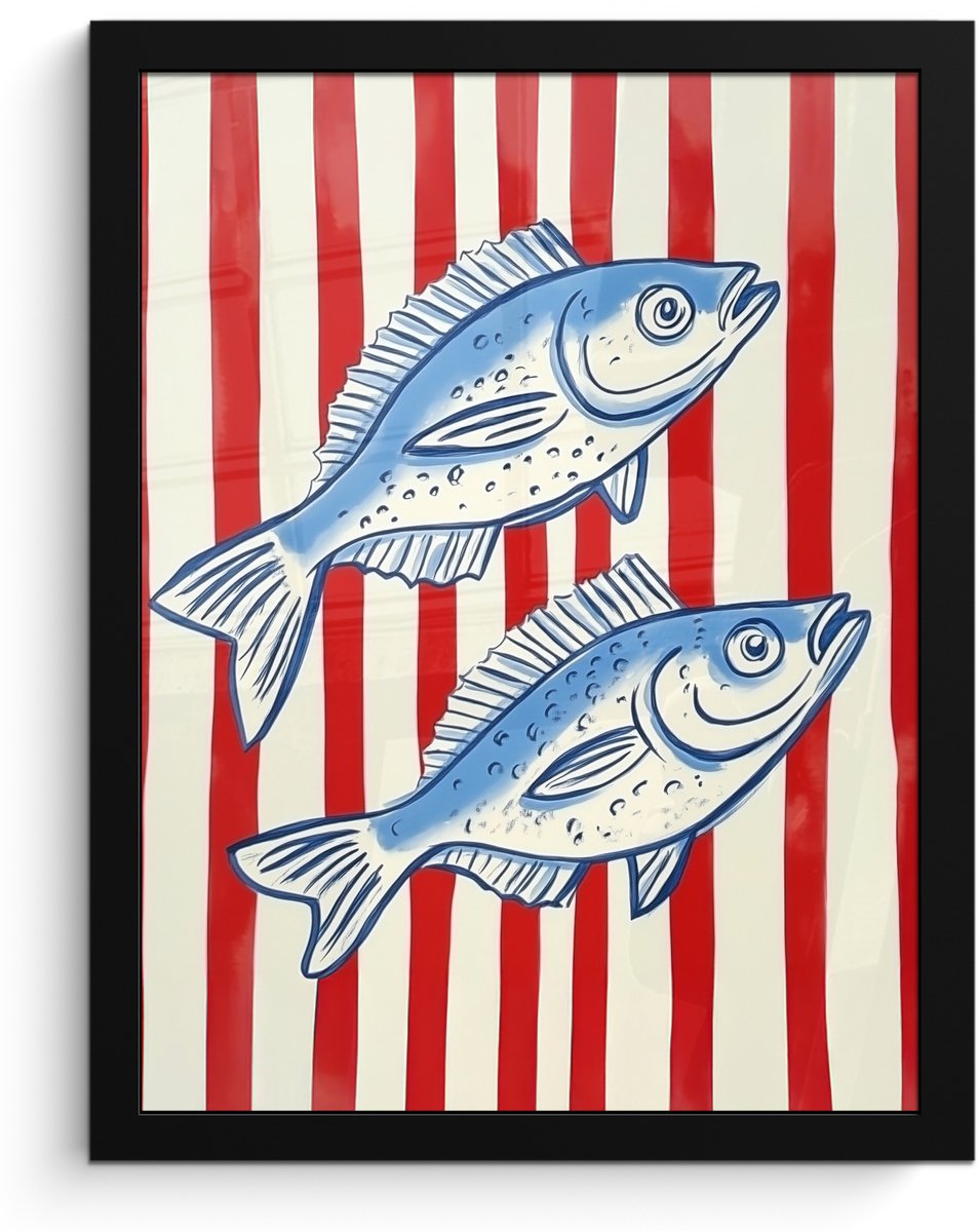 FrameYourWall Poster in lijst - Fotolijst 30x40 cm - Posters - Vissen - Verticale strepen - Blauw - Rood - Posterlijst zwart - Decoratie - Wanddecoratie woonkamer - Muurdecoratie slaapkamer Vissen - Strepen