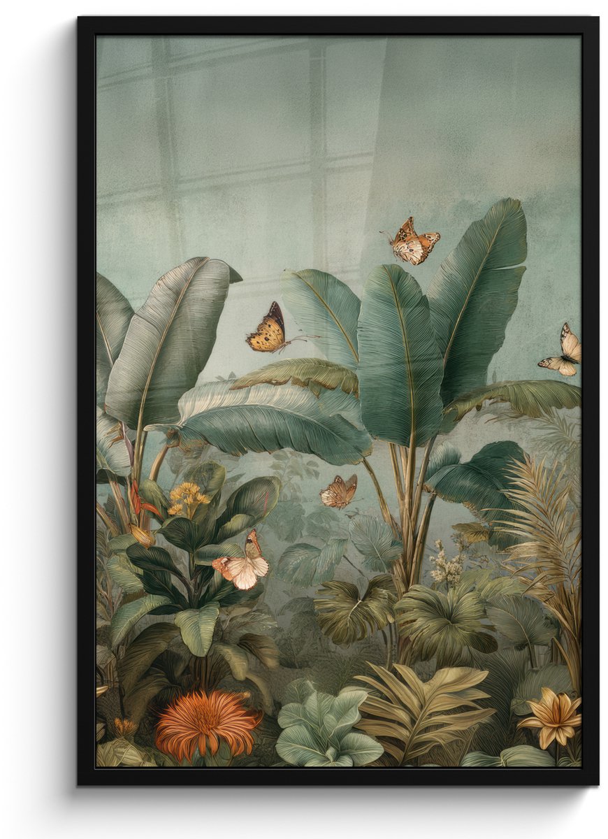 FrameYourWall Poster in lijst - Fotolijst 60x90 cm - Posters - Tropisch bladerdek - Vlinders - groen - Bruin - Posterlijst zwart - Decoratie - Wanddecoratie woonkamer - Muurdecoratie slaapkamer Tropisch - Bladeren - Vlinders