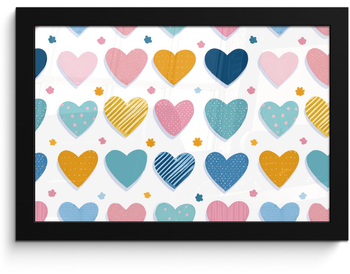 FrameYourWall Poster in lijst - Fotolijst 30x20 cm - Posters - Hartjes - Pastel - Kleurcontrast - Handgetekend - Posterlijst zwart - Decoratie - Wanddecoratie woonkamer - Muurdecoratie slaapkamer