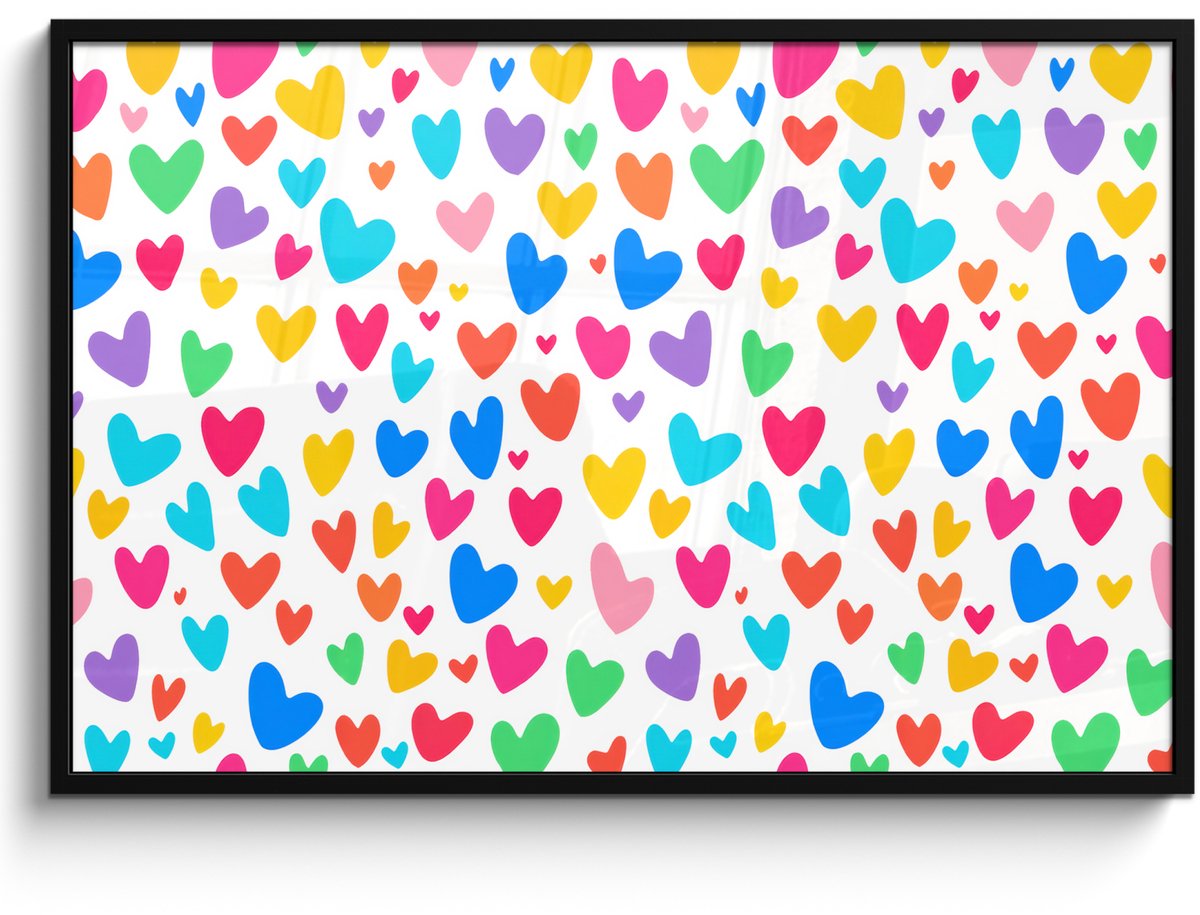 FrameYourWall Poster in lijst - Fotolijst 120x80 cm - Posters - Hartjes - Kleurrijk - Patroon - Levendig - Posterlijst zwart - Decoratie - Wanddecoratie woonkamer - Muurdecoratie slaapkamer