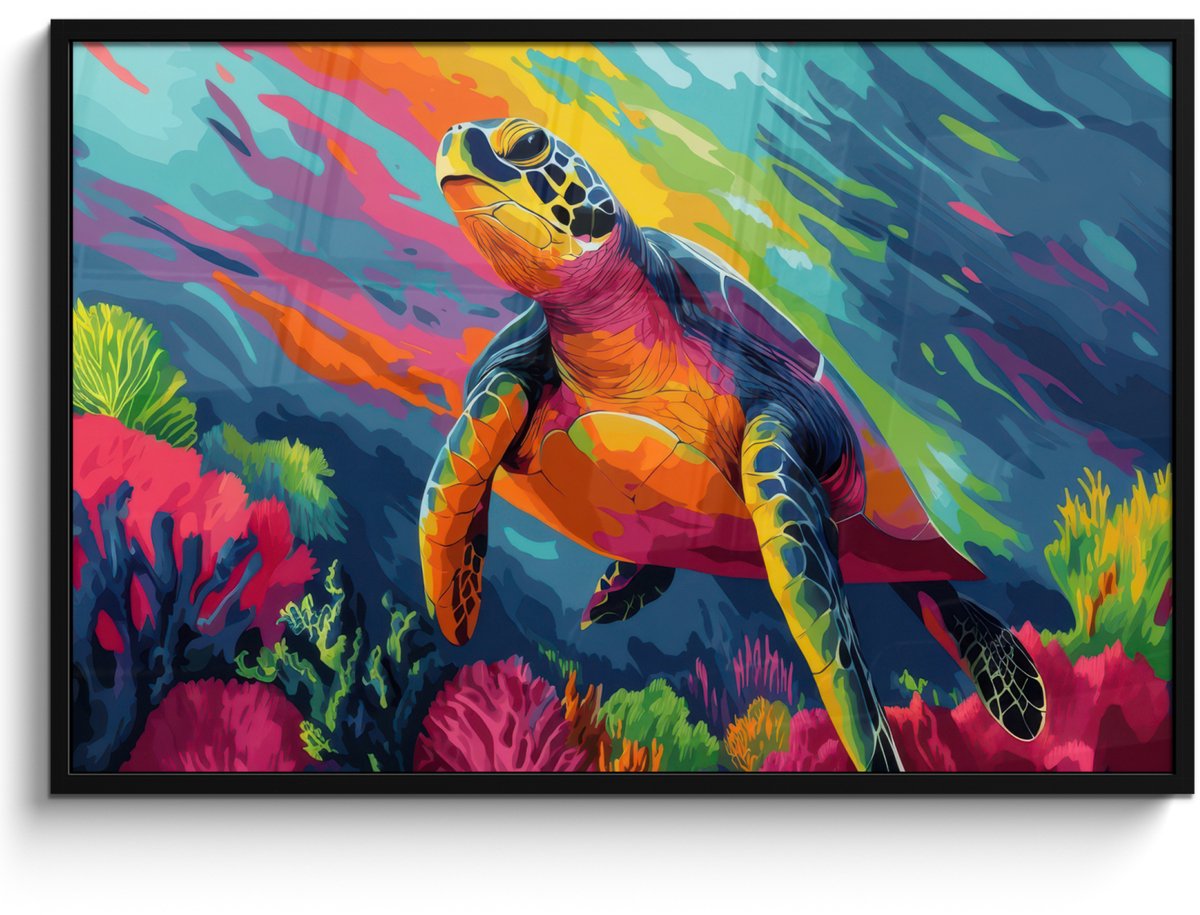 FrameYourWall Poster in lijst - Fotolijst 120x80 cm - Posters - Koraal - Schildpad - Abstract - Water - Posterlijst zwart - Decoratie - Wanddecoratie woonkamer - Muurdecoratie slaapkamer Schildpad - Kleurrijk