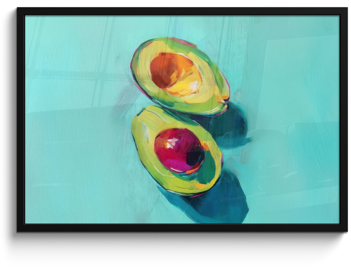 FrameYourWall Poster in lijst - Fotolijst 90x60 cm - Posters - Avocado - Groen - Pit - Schaduw - Posterlijst zwart - Decoratie - Wanddecoratie woonkamer - Muurdecoratie slaapkamer